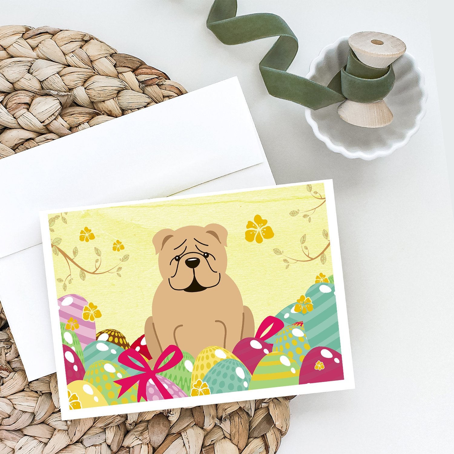 Easter Eggs English Bulldog Fawn Greeting Cards and Envelopes Pack of 8 - the-store.com