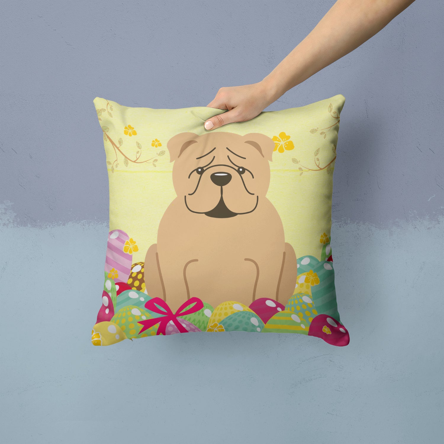 Easter Eggs English Bulldog Fawn Fabric Decorative Pillow BB6124PW1414 - the-store.com