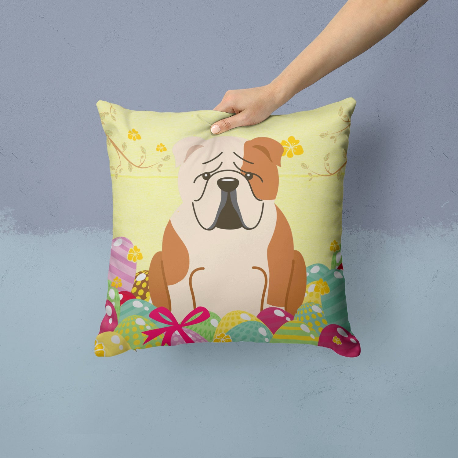 Easter Eggs English Bulldog Fawn White Fabric Decorative Pillow BB6125PW1414 - the-store.com