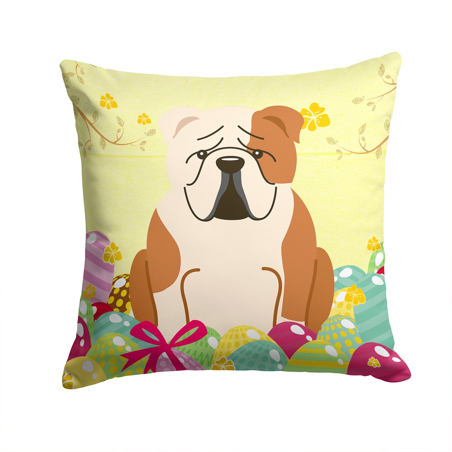 Easter Eggs English Bulldog Fawn White Fabric Decorative Pillow BB6125PW1414 - the-store.com