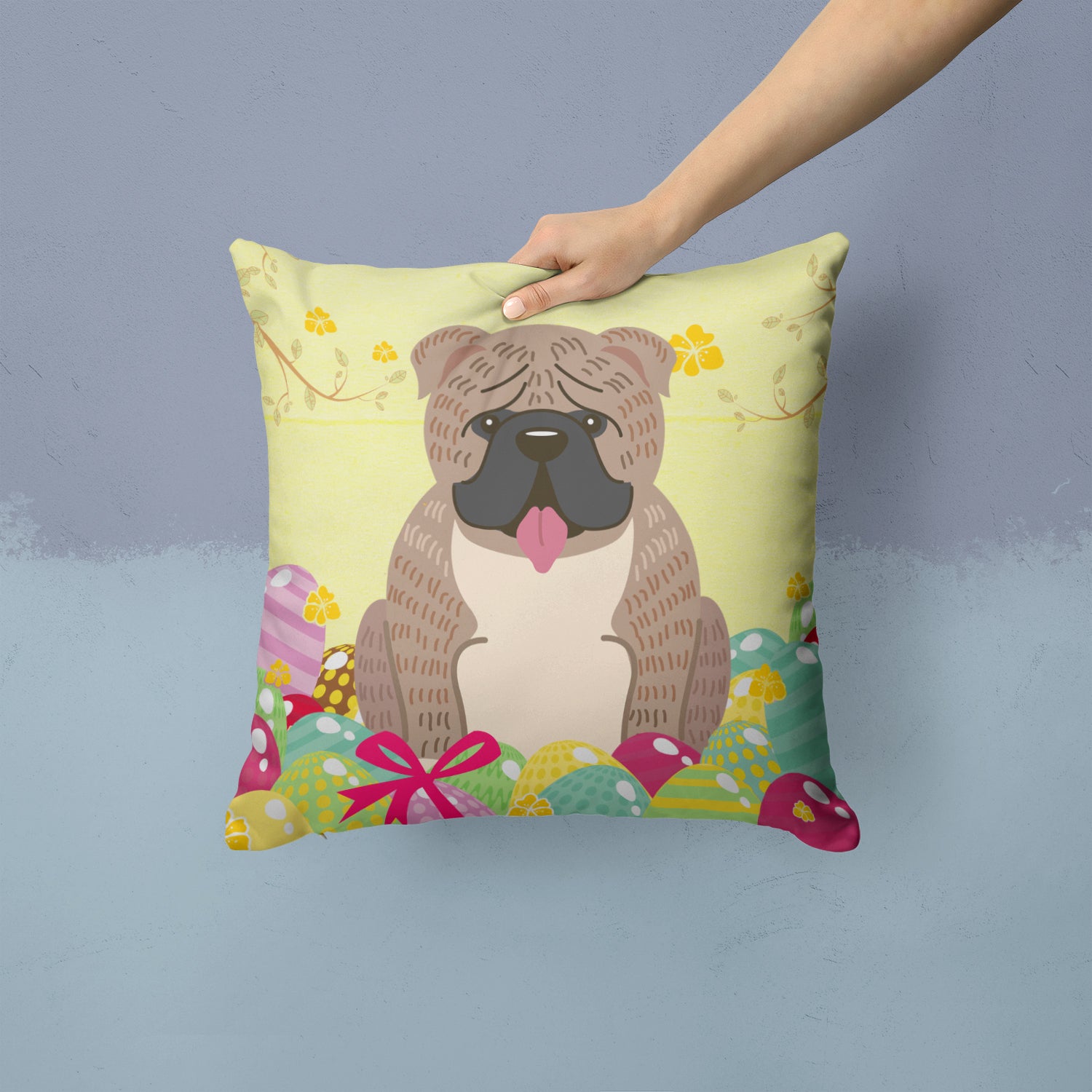 Easter Eggs English Bulldog Grey Brindle  Fabric Decorative Pillow BB6126PW1414 - the-store.com