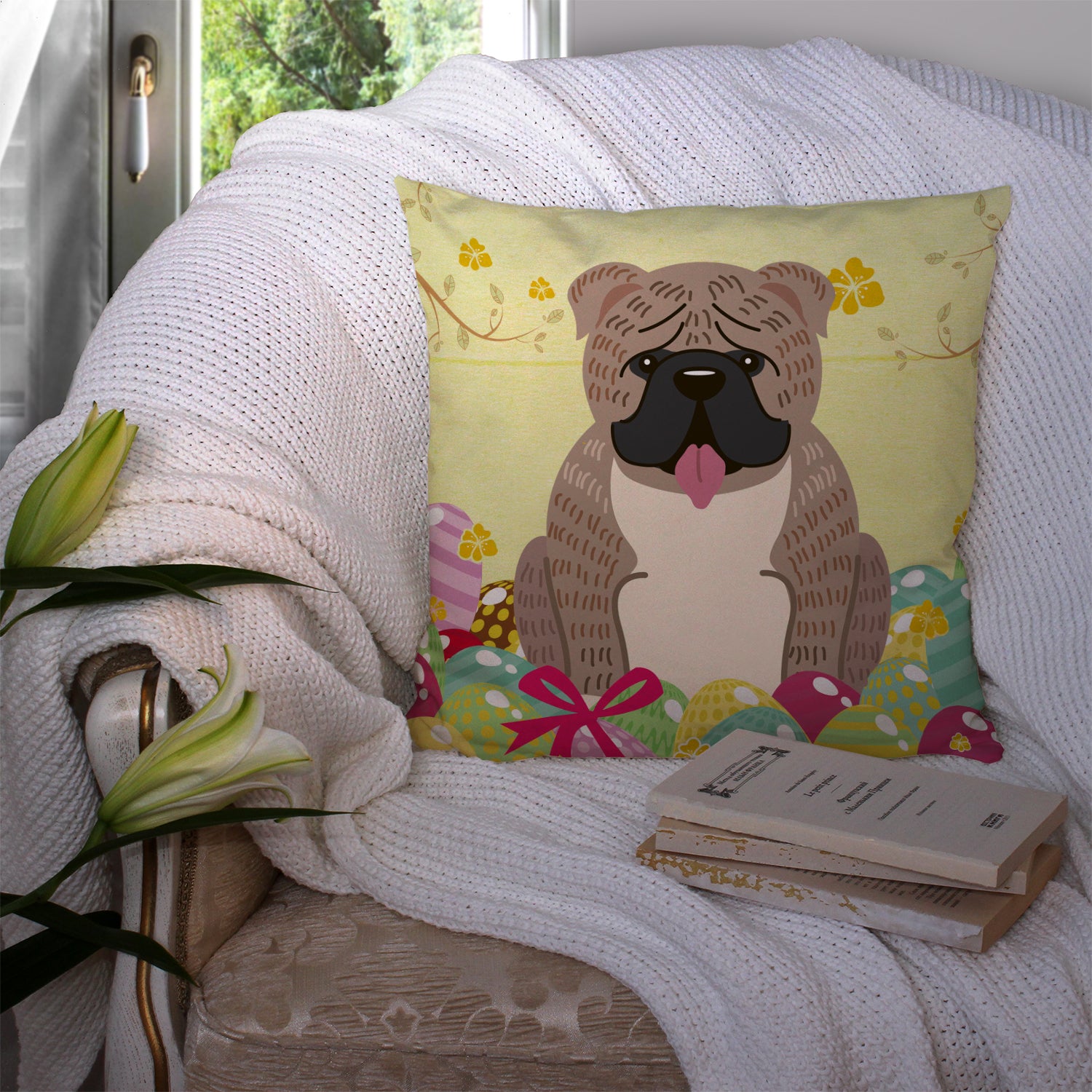 Easter Eggs English Bulldog Grey Brindle  Fabric Decorative Pillow BB6126PW1414 - the-store.com