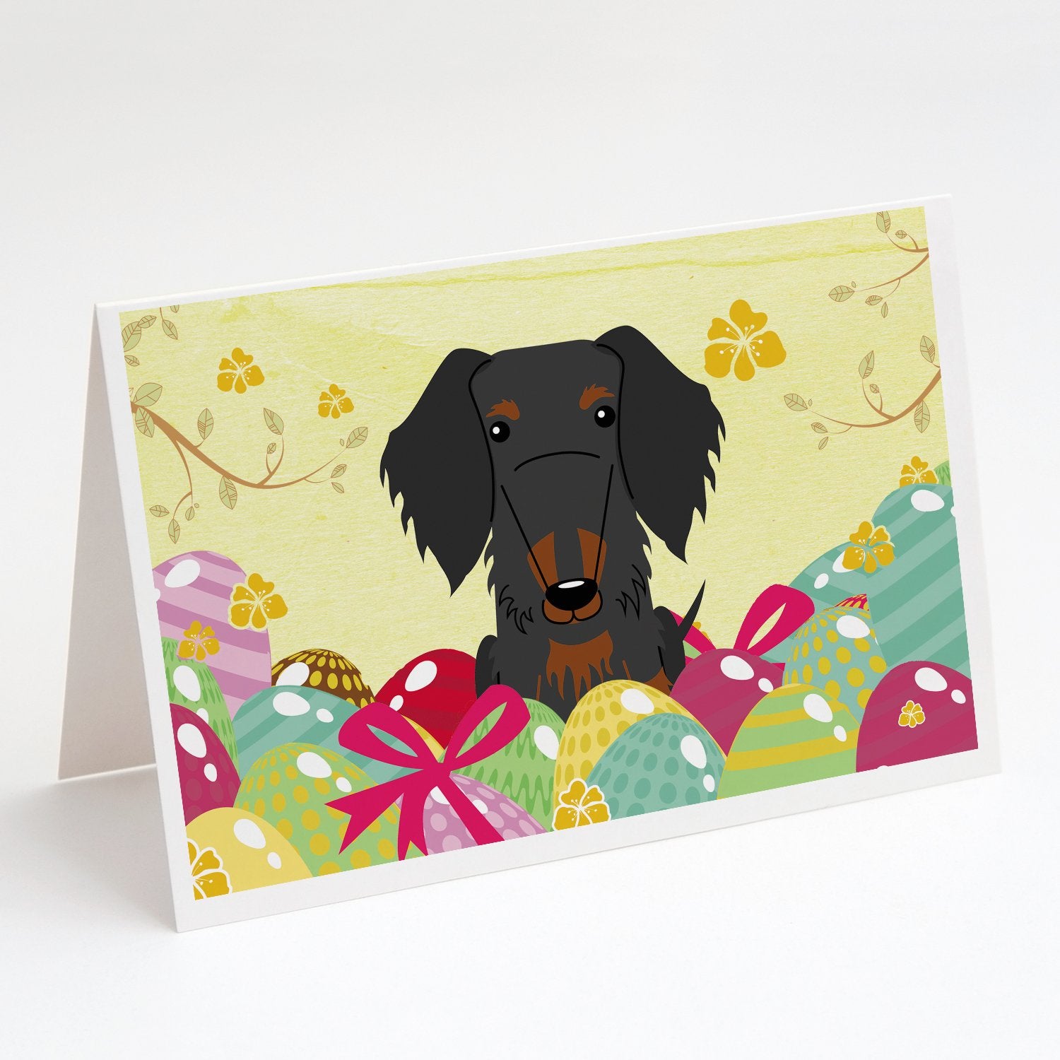 Caroline's Treasures Easter Eggs Wire Haired Dachshund Black Tan Greeting Cards - Blank Note Cards – 8-Pack of Artist-Designed Cards with Envelopes