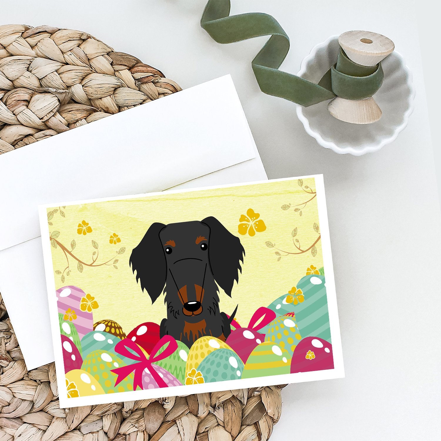 Buy this Easter Eggs Wire Haired Dachshund Black Tan Greeting Cards and Envelopes Pack of 8