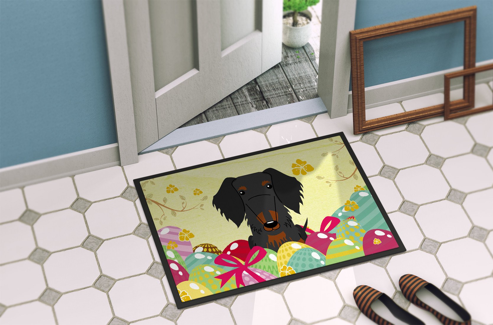 Easter Eggs Wire Haired Dachshund Black Tan Indoor or Outdoor Mat 24x36 BB6127JMAT by Caroline's Treasures