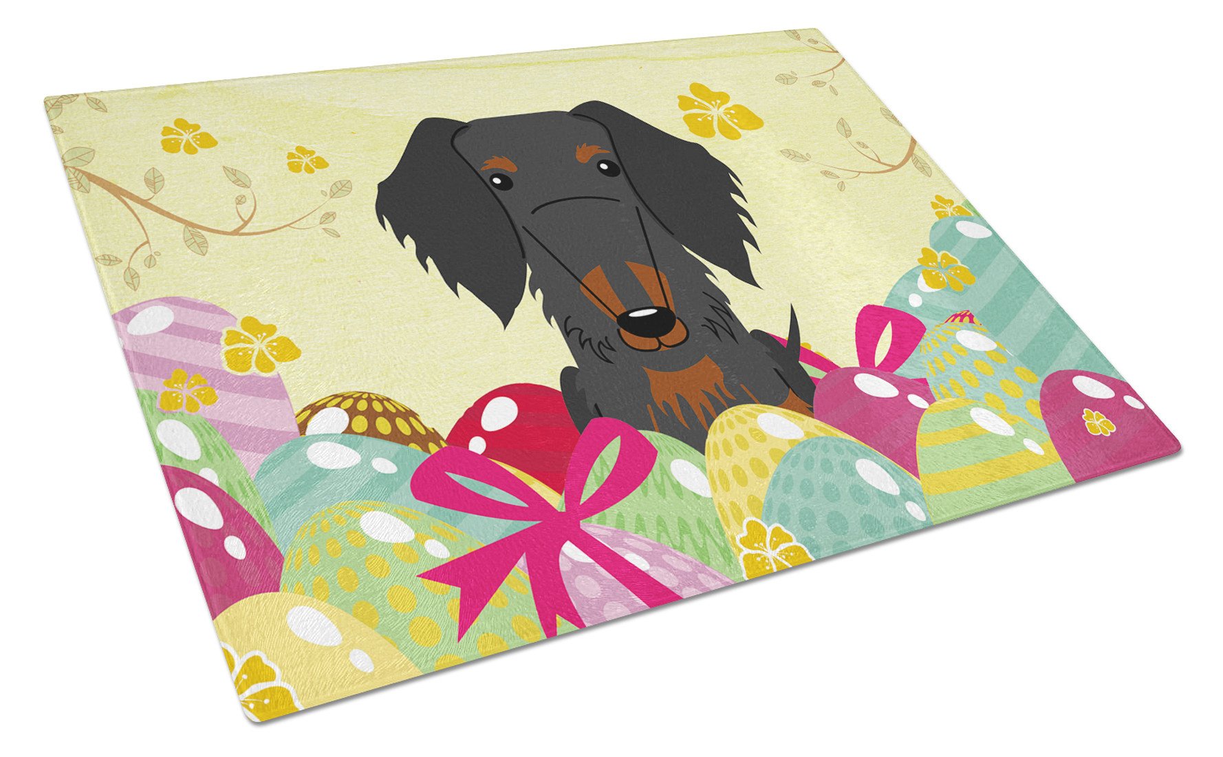 Easter Eggs Wire Haired Dachshund Black Tan Glass Cutting Board Large BB6127LCB by Caroline's Treasures