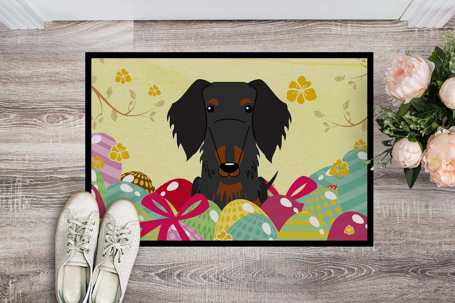Easter Eggs Wire Haired Dachshund Black Tan Indoor or Outdoor Mat 18x27 BB6127MAT - the-store.com