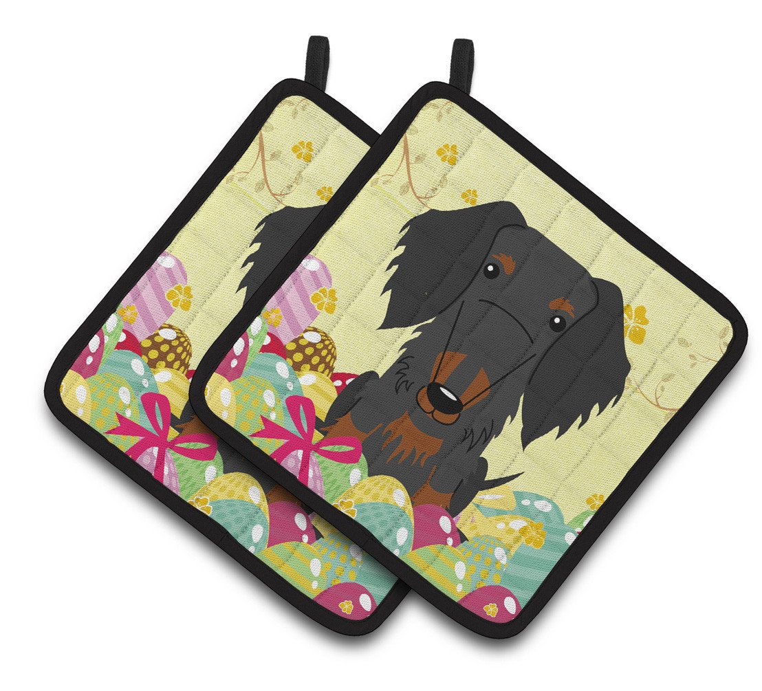 Easter Eggs Wire Haired Dachshund Black Tan Pair of Pot Holders BB6127PTHD by Caroline&#39;s Treasures