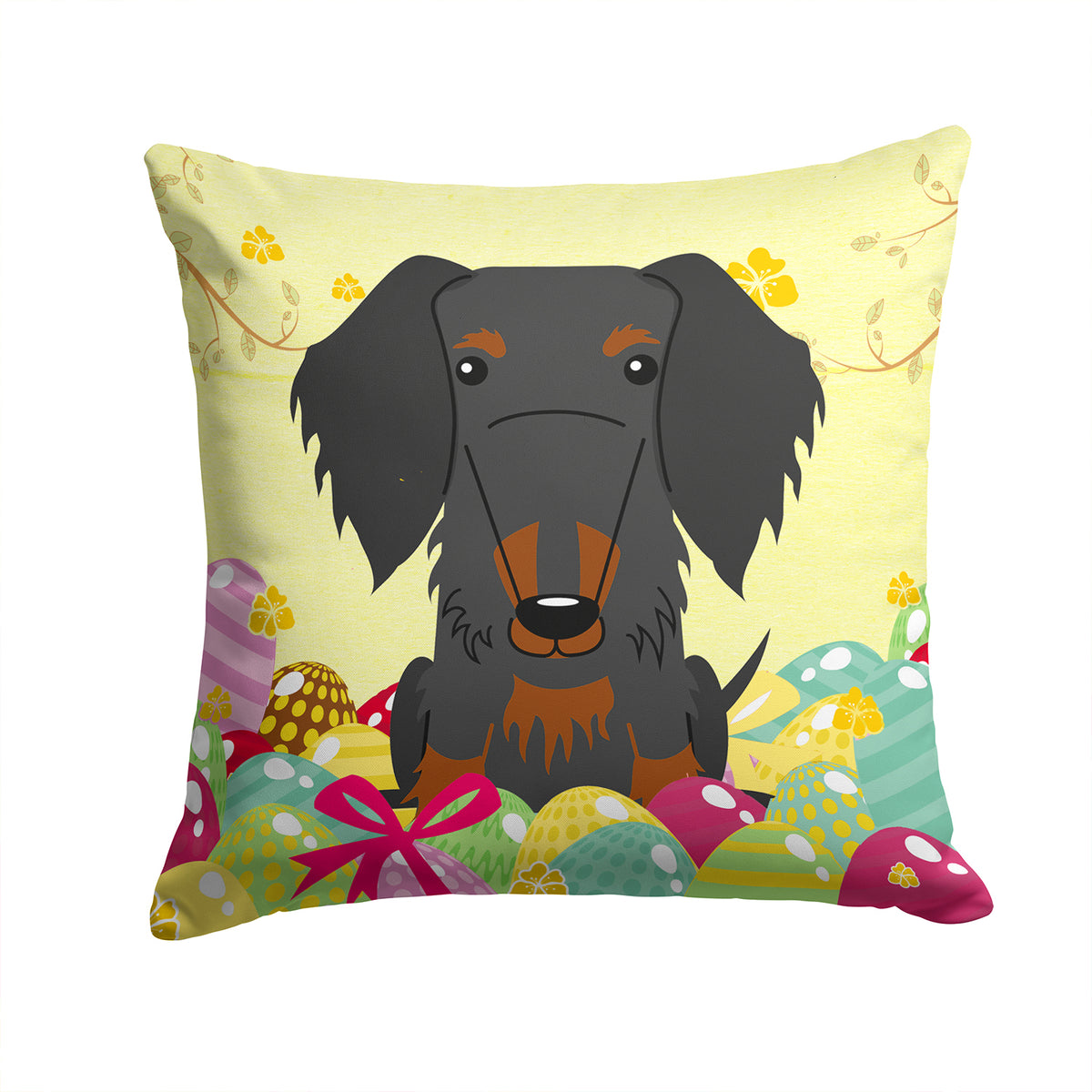 Easter Eggs Wire Haired Dachshund Black Tan Fabric Decorative Pillow BB6127PW1414 - the-store.com