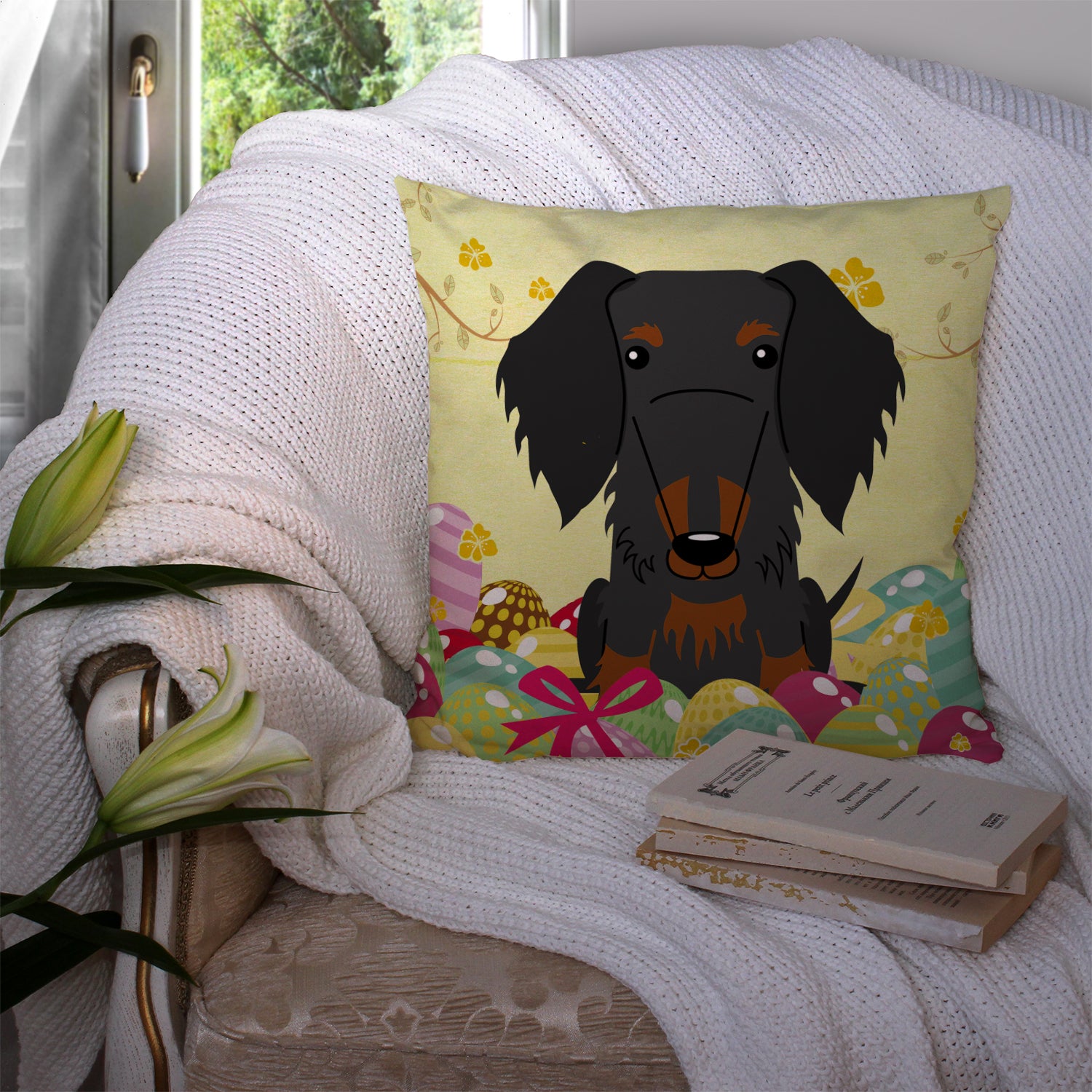 Easter Eggs Wire Haired Dachshund Black Tan Fabric Decorative Pillow BB6127PW1414 - the-store.com