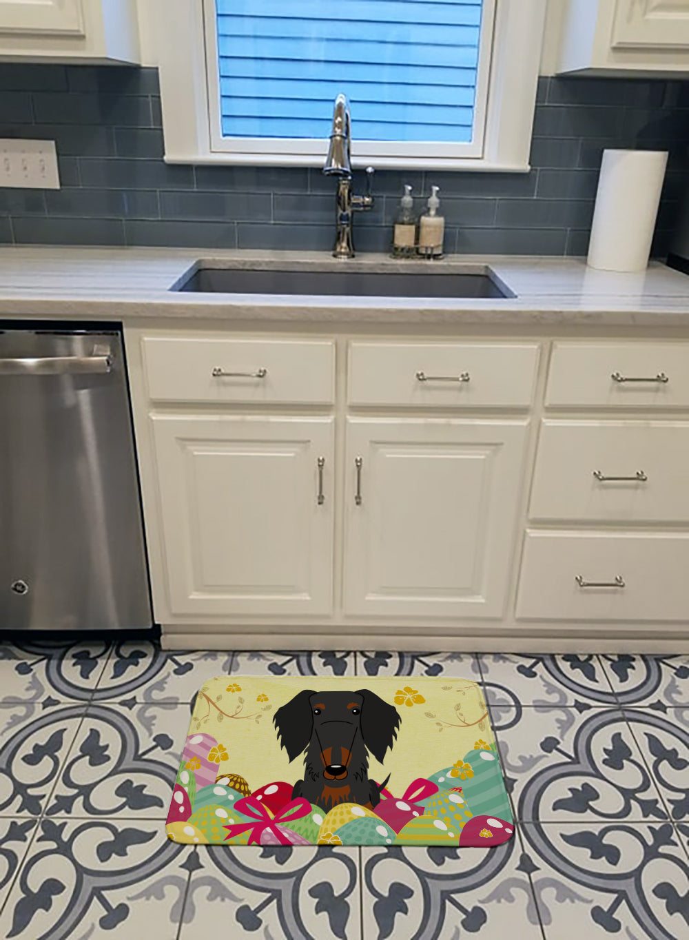 Easter Eggs Wire Haired Dachshund Black Tan Machine Washable Memory Foam Mat BB6127RUG - the-store.com