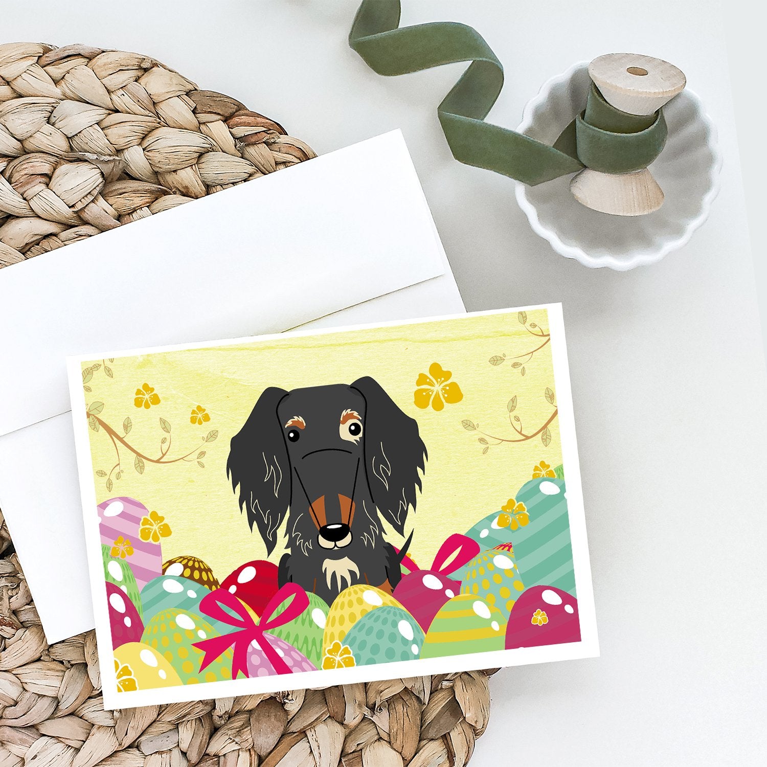 Buy this Easter Eggs Wire Haired Dachshund Dapple Greeting Cards and Envelopes Pack of 8