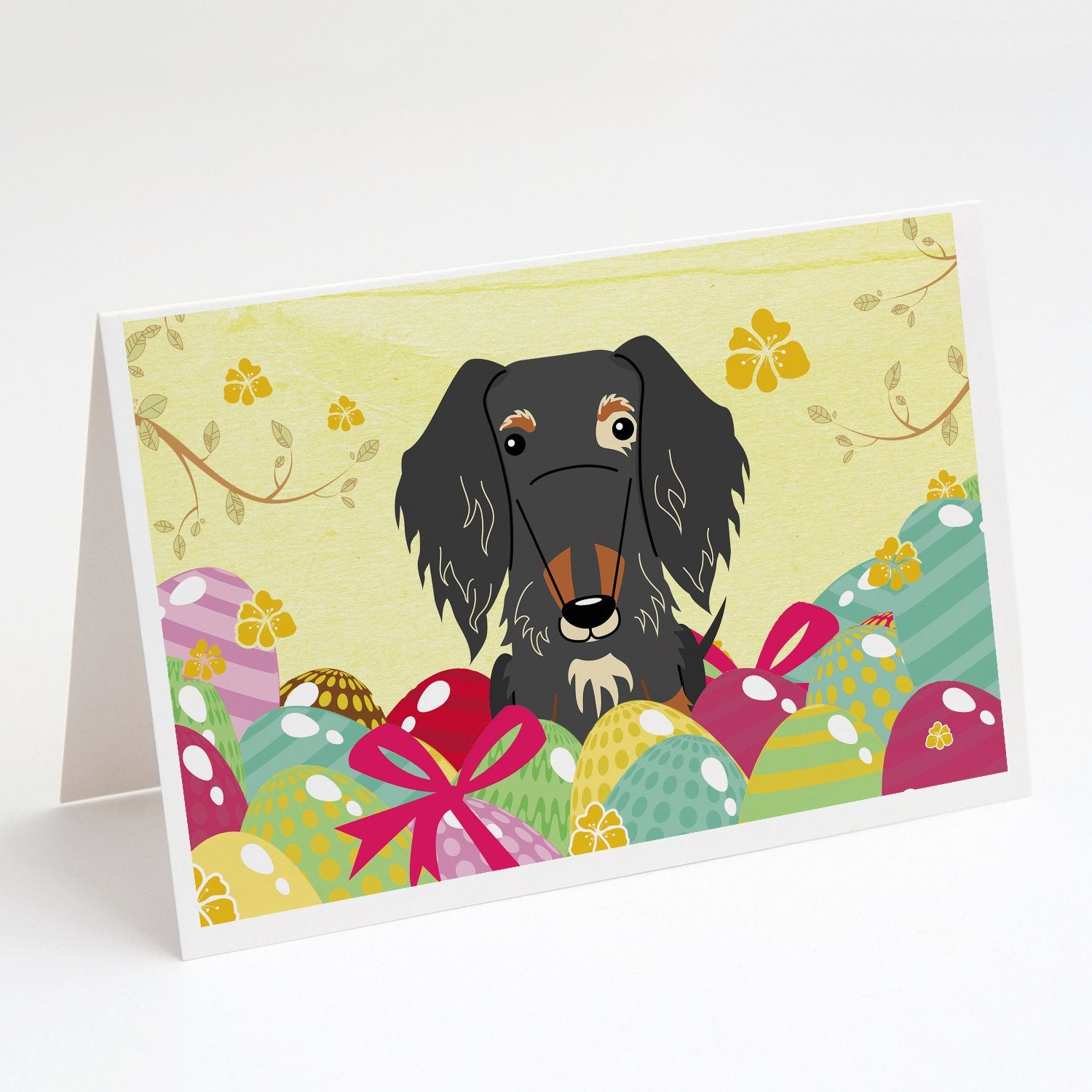 Buy this Easter Eggs Wire Haired Dachshund Dapple Greeting Cards and Envelopes Pack of 8