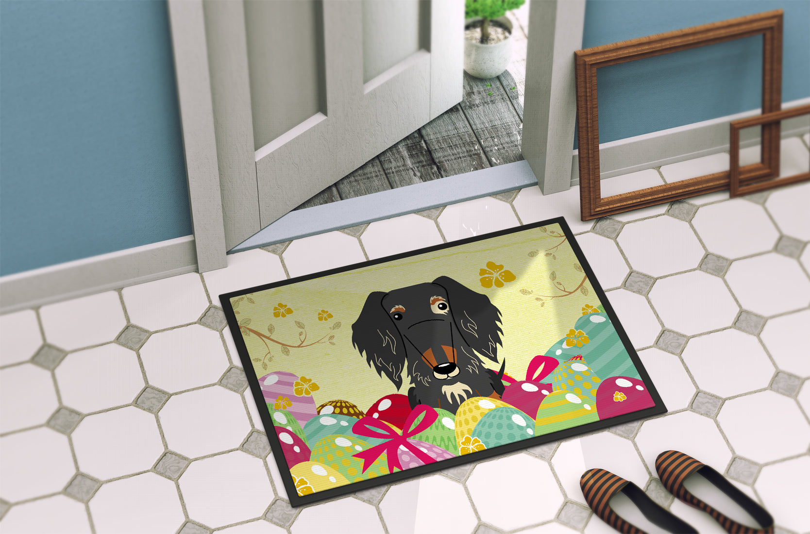 Easter Eggs Wire Haired Dachshund Dapple Indoor or Outdoor Mat 18x27 BB6128MAT - the-store.com