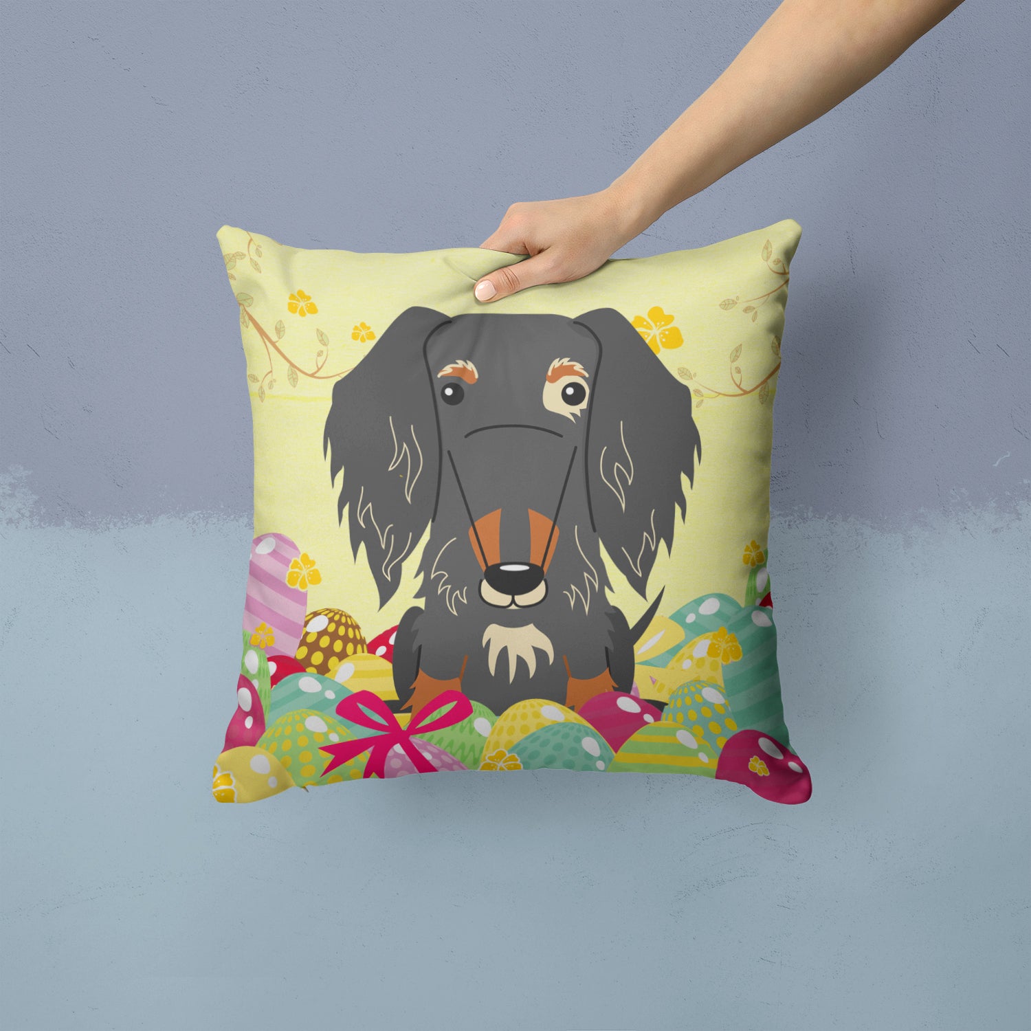 Easter Eggs Wire Haired Dachshund Dapple Fabric Decorative Pillow BB6128PW1414 - the-store.com