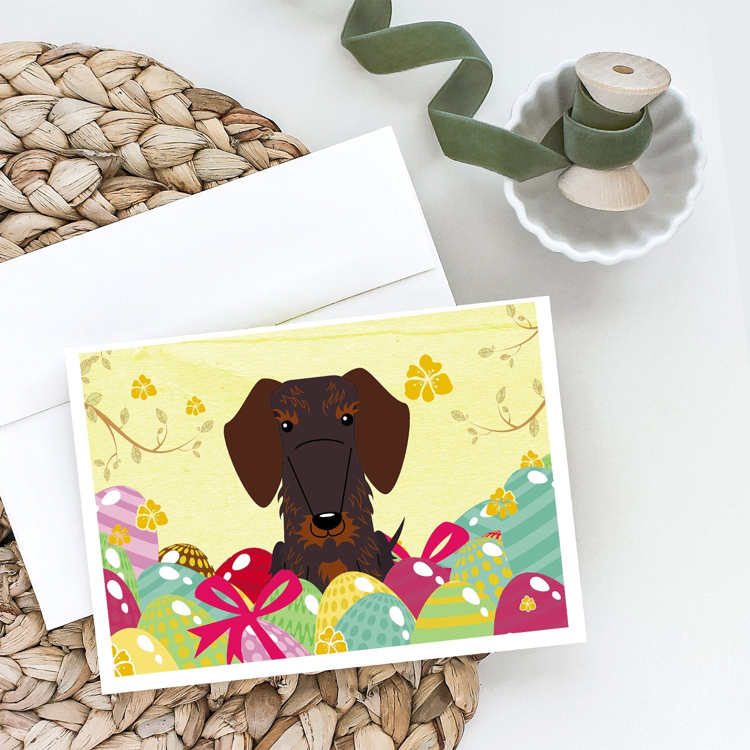 Buy this Easter Eggs Wire Haired Dachshund Chocolate Greeting Cards and Envelopes Pack of 8