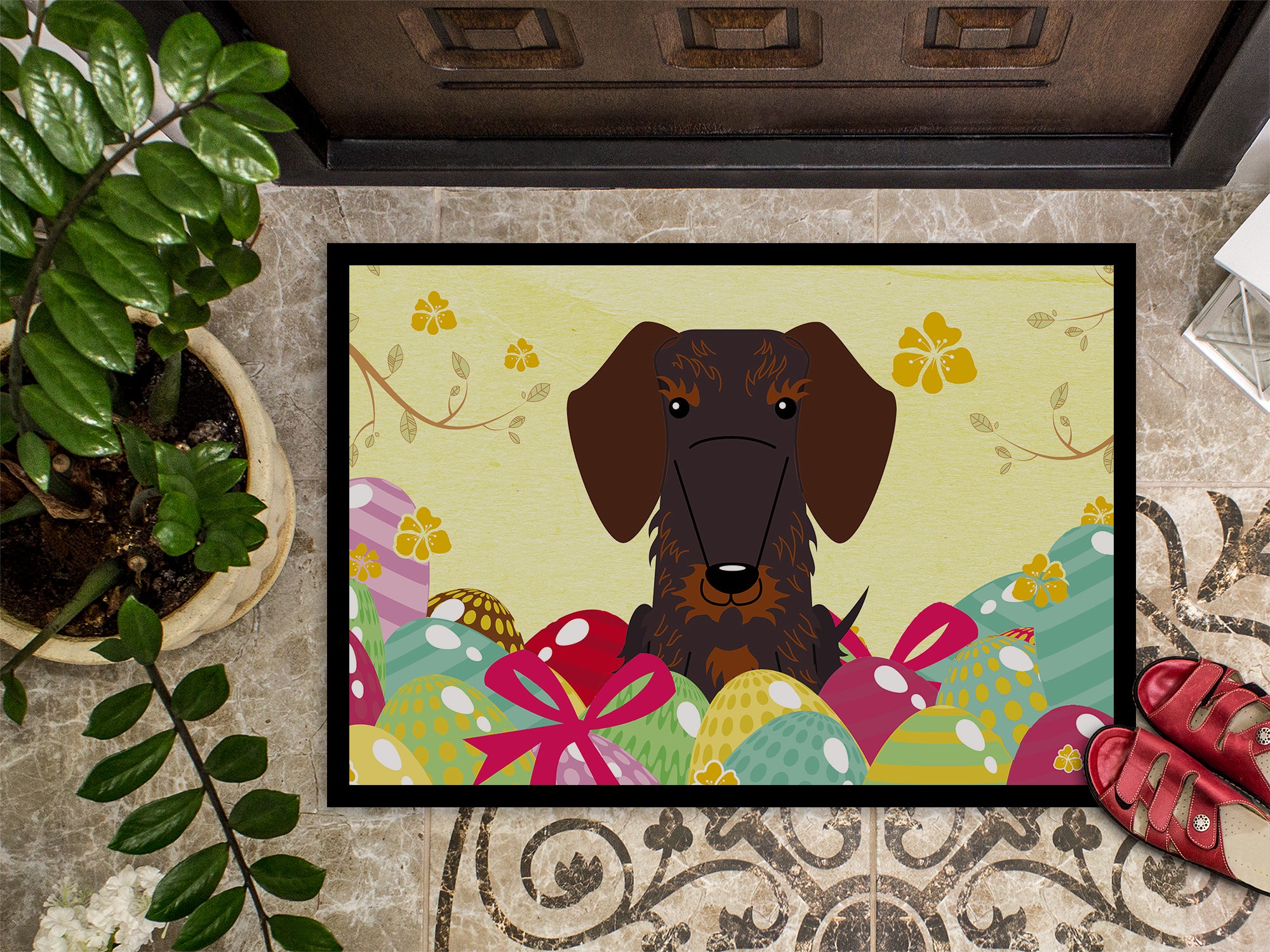 Easter Eggs Wire Haired Dachshund Chocolate Indoor or Outdoor Mat 18x27 BB6129MAT - the-store.com