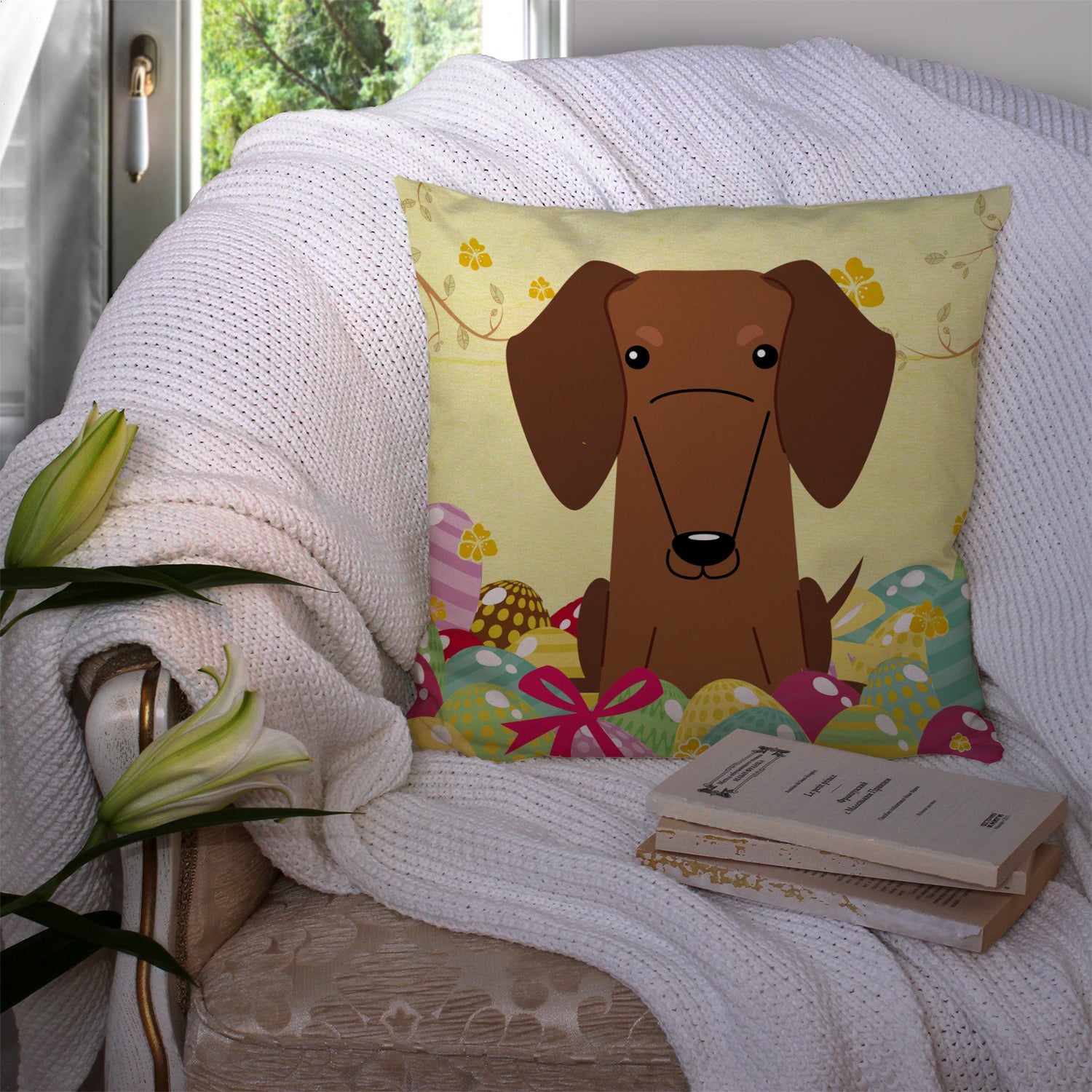 Easter Eggs Dachshund Red Brown Fabric Decorative Pillow BB6130PW1414 - the-store.com