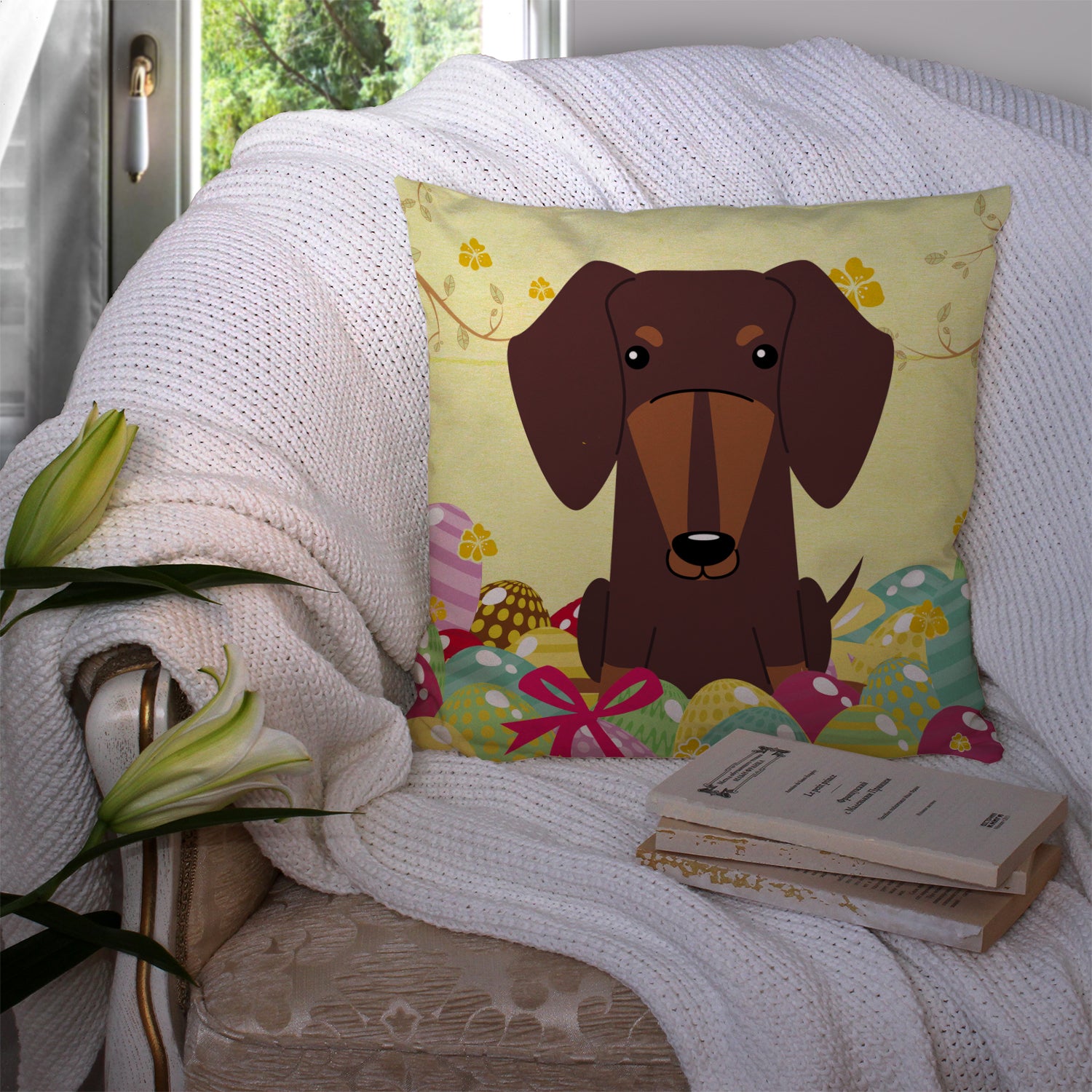 Easter Eggs Dachshund Chocolate Fabric Decorative Pillow BB6131PW1414 - the-store.com