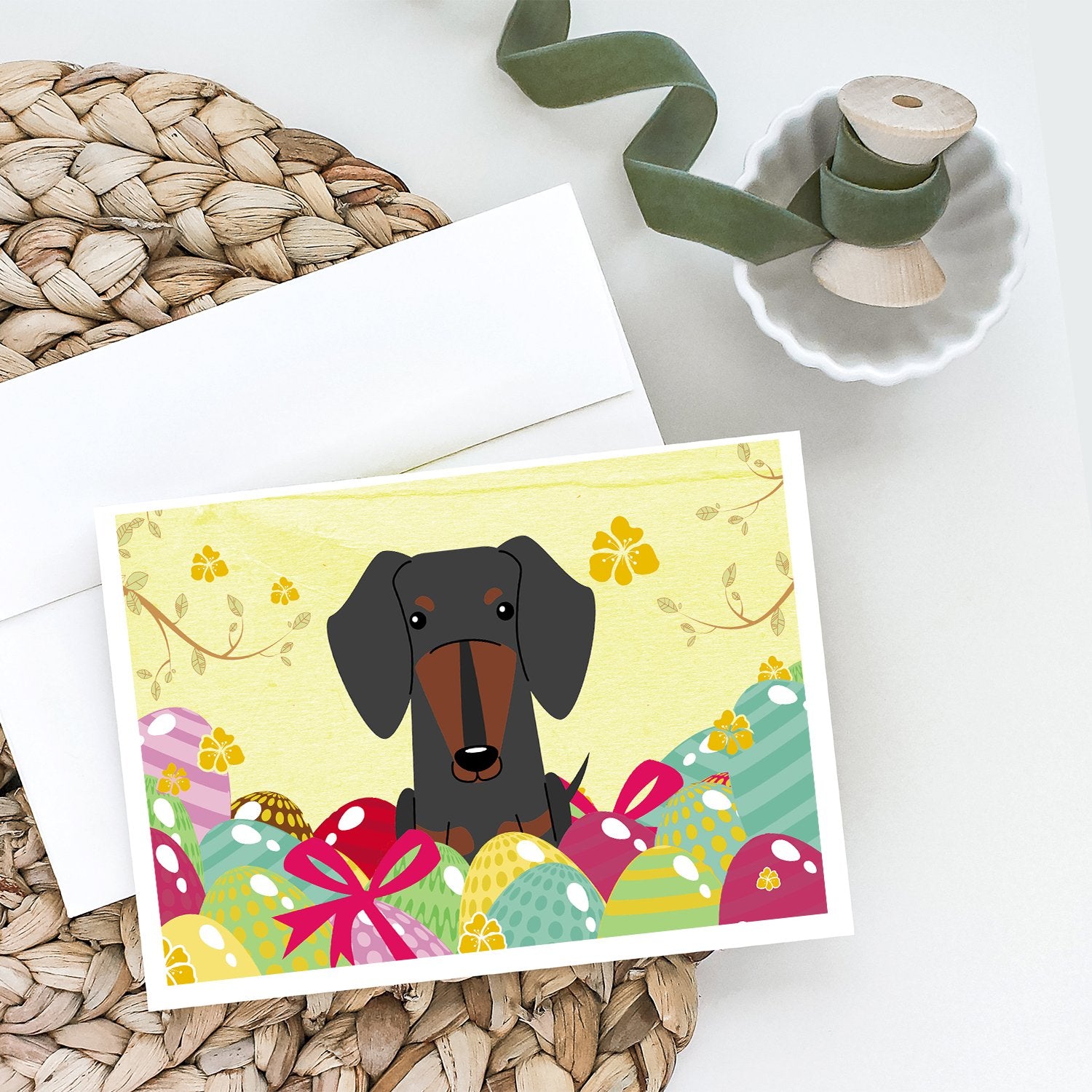 Caroline's Treasures Easter Eggs Dachshund Black Tan Greeting Cards - Blank Note Cards – 8-Pack of Artist-Designed Cards with Envelopes