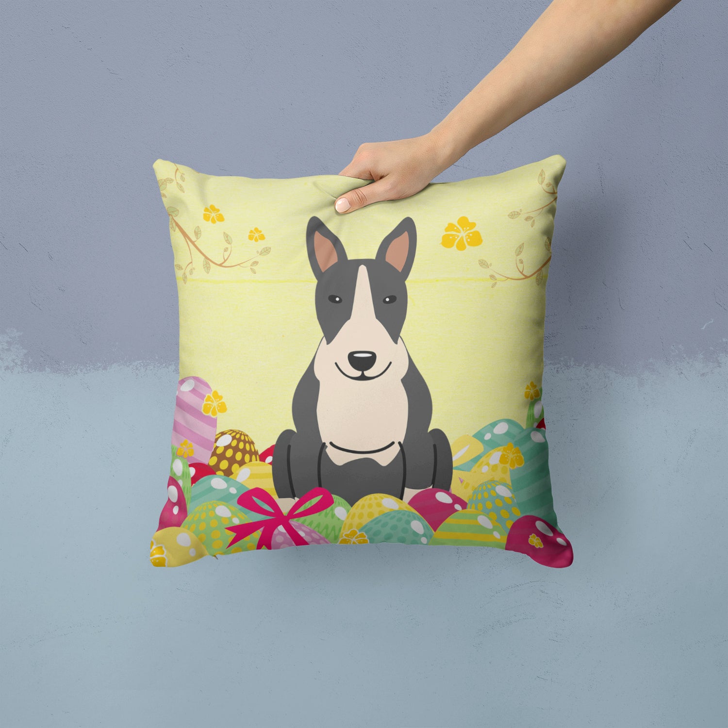 Easter Eggs Bull Terrier Black White Fabric Decorative Pillow BB6133PW1414 - the-store.com