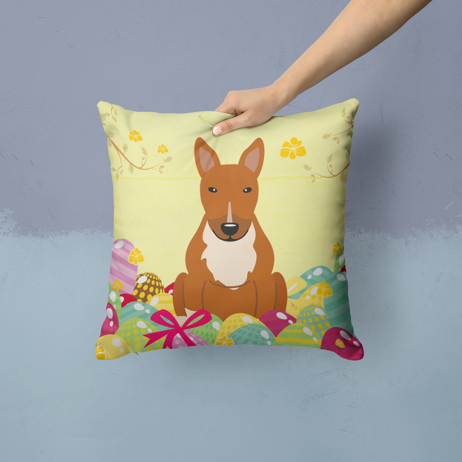 Easter Eggs Bull Terrier Red Fabric Decorative Pillow BB6134PW1414 - the-store.com