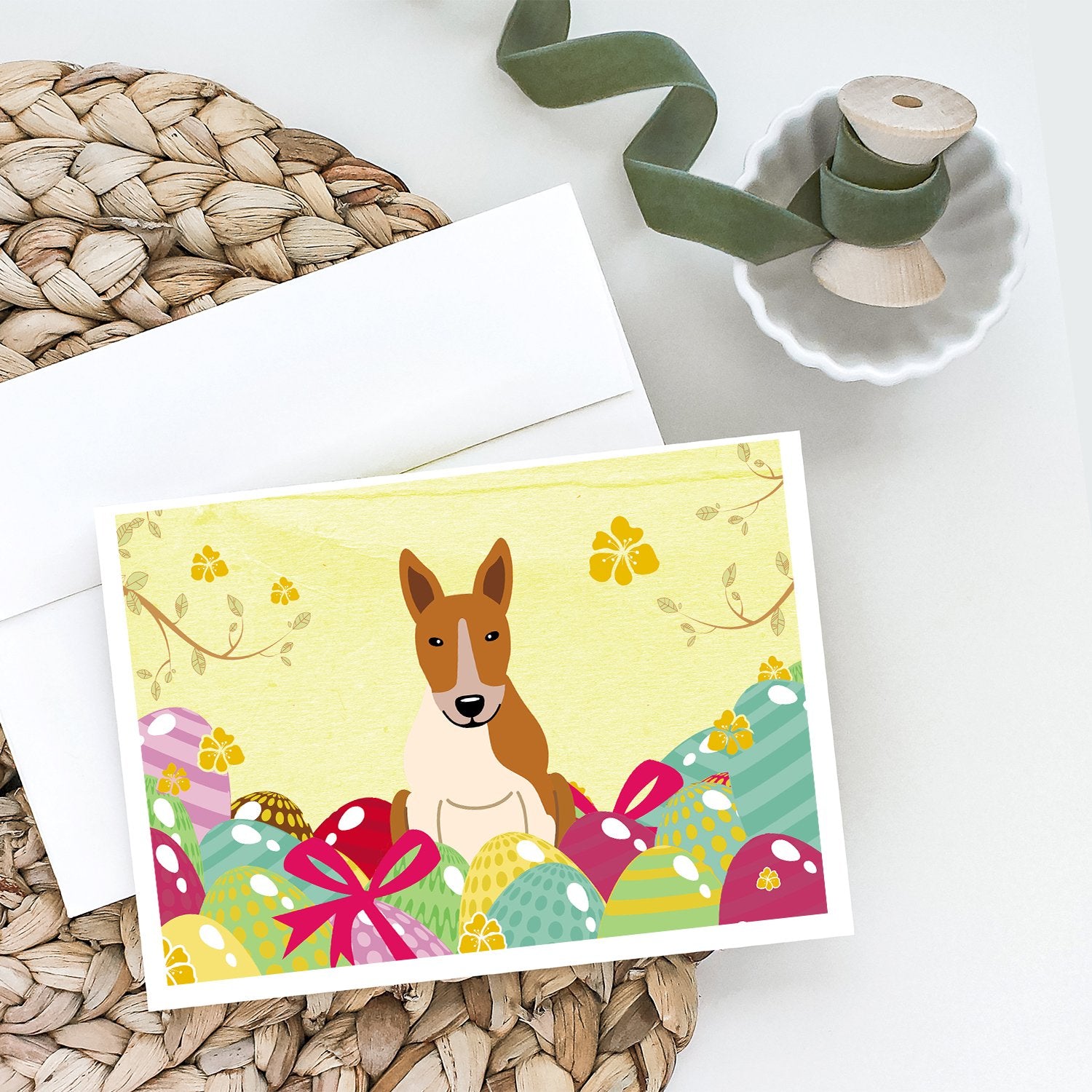Easter Eggs Bull Terrier Red White Greeting Cards and Envelopes Pack of 8 - the-store.com