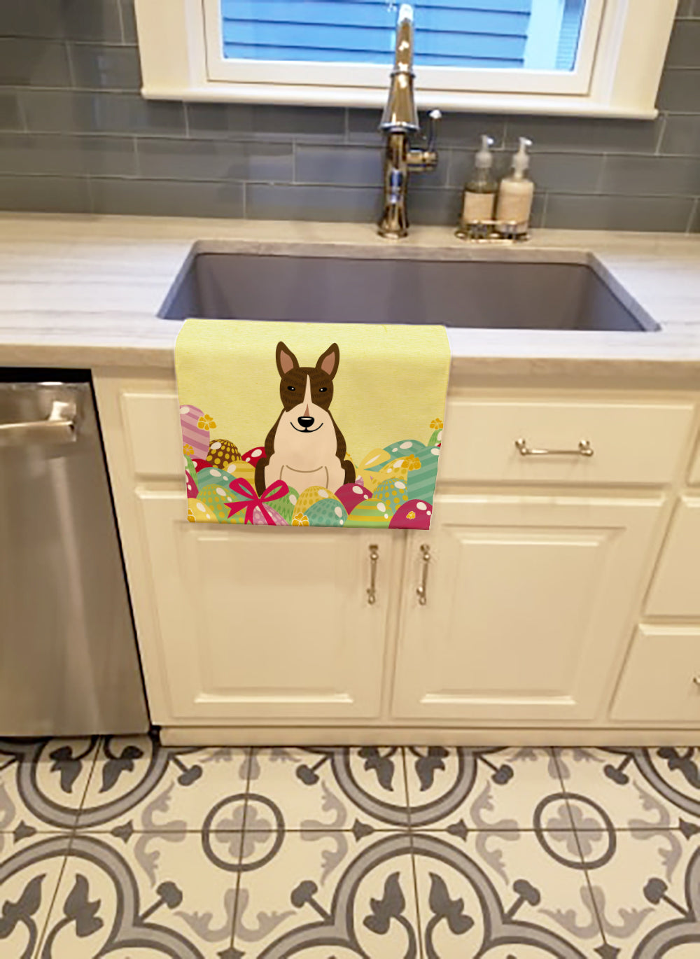 Easter Eggs Bull Terrier Dark Brindle Kitchen Towel BB6136KTWL - the-store.com