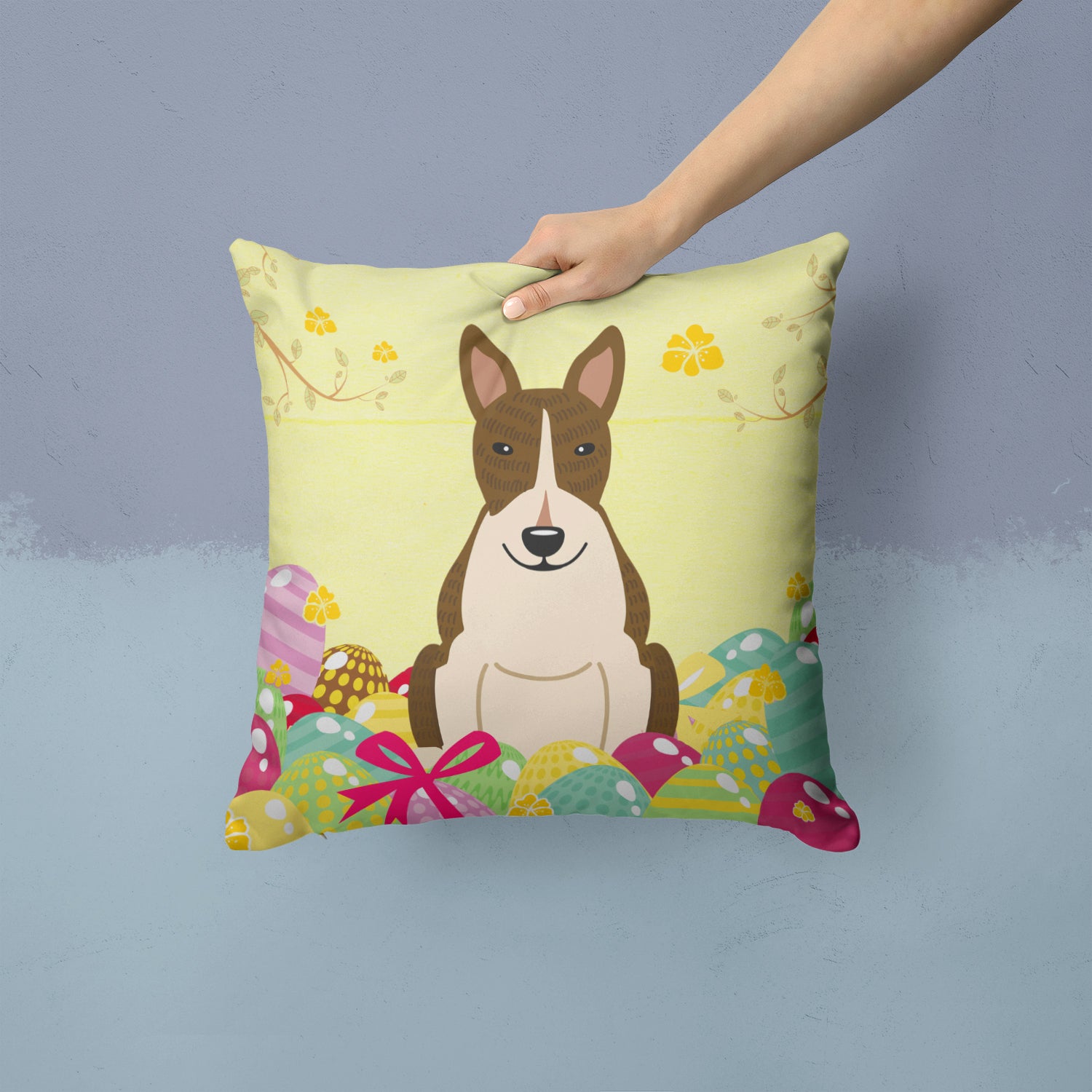 Easter Eggs Bull Terrier Dark Brindle Fabric Decorative Pillow BB6136PW1414 - the-store.com