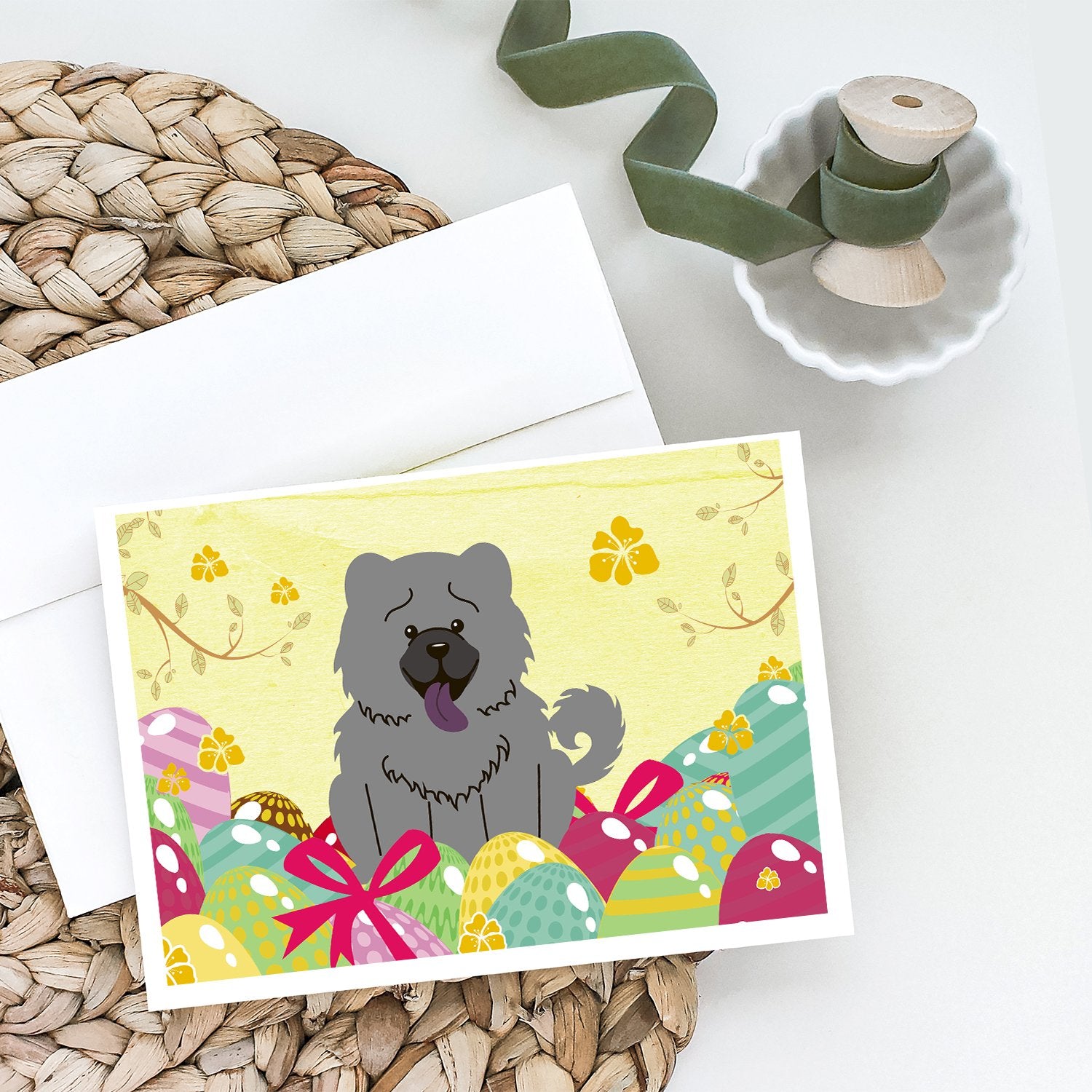 Buy this Easter Eggs Chow Chow Blue Greeting Cards and Envelopes Pack of 8