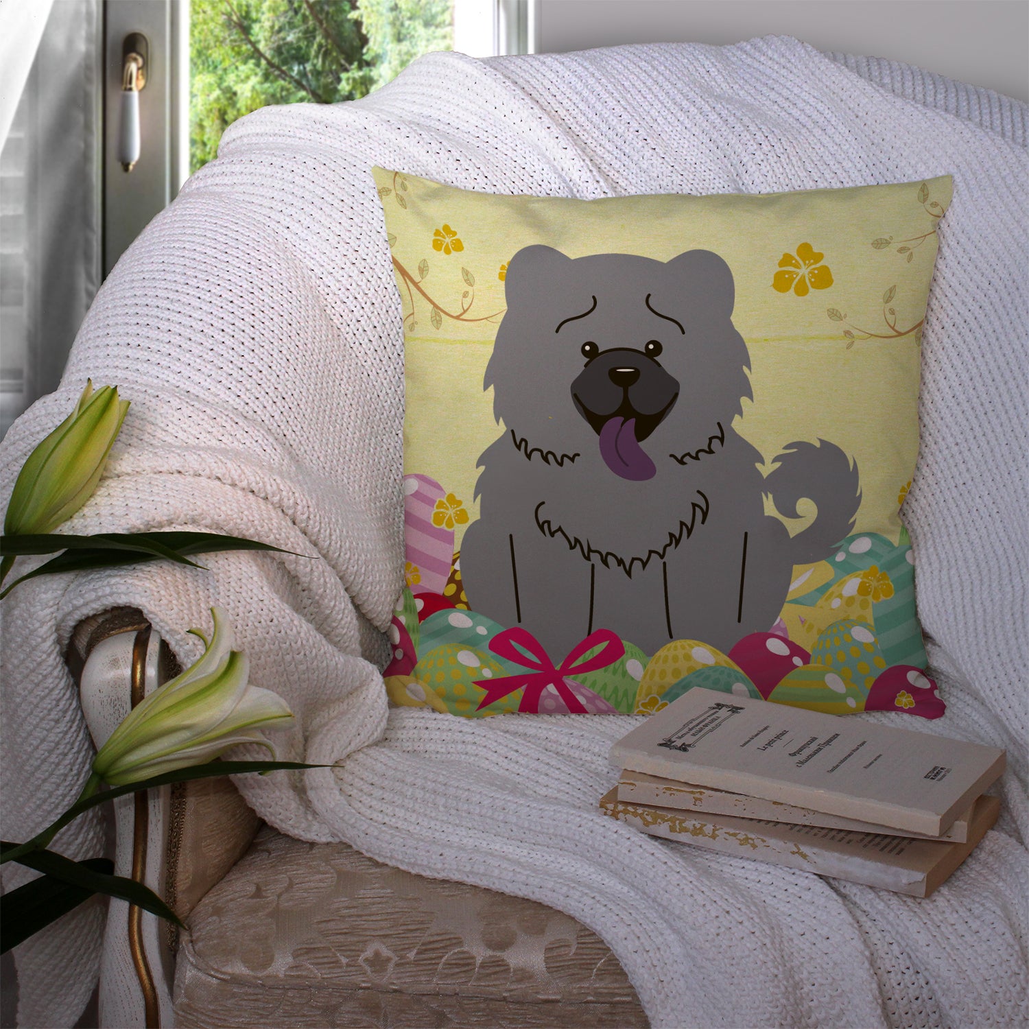 Easter Eggs Chow Chow Blue Fabric Decorative Pillow BB6139PW1414 - the-store.com