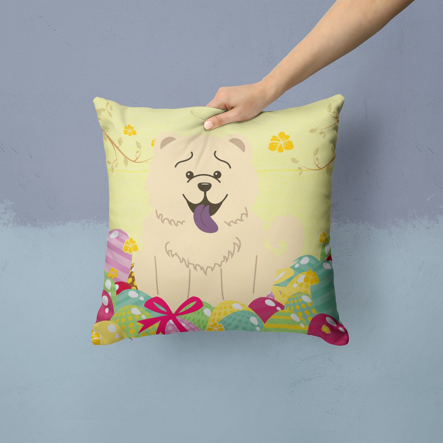 Easter Eggs Chow Chow White Fabric Decorative Pillow BB6140PW1414 - the-store.com
