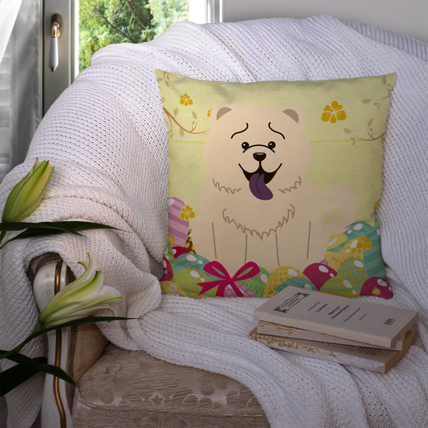 Easter Eggs Chow Chow White Fabric Decorative Pillow BB6140PW1414 - the-store.com