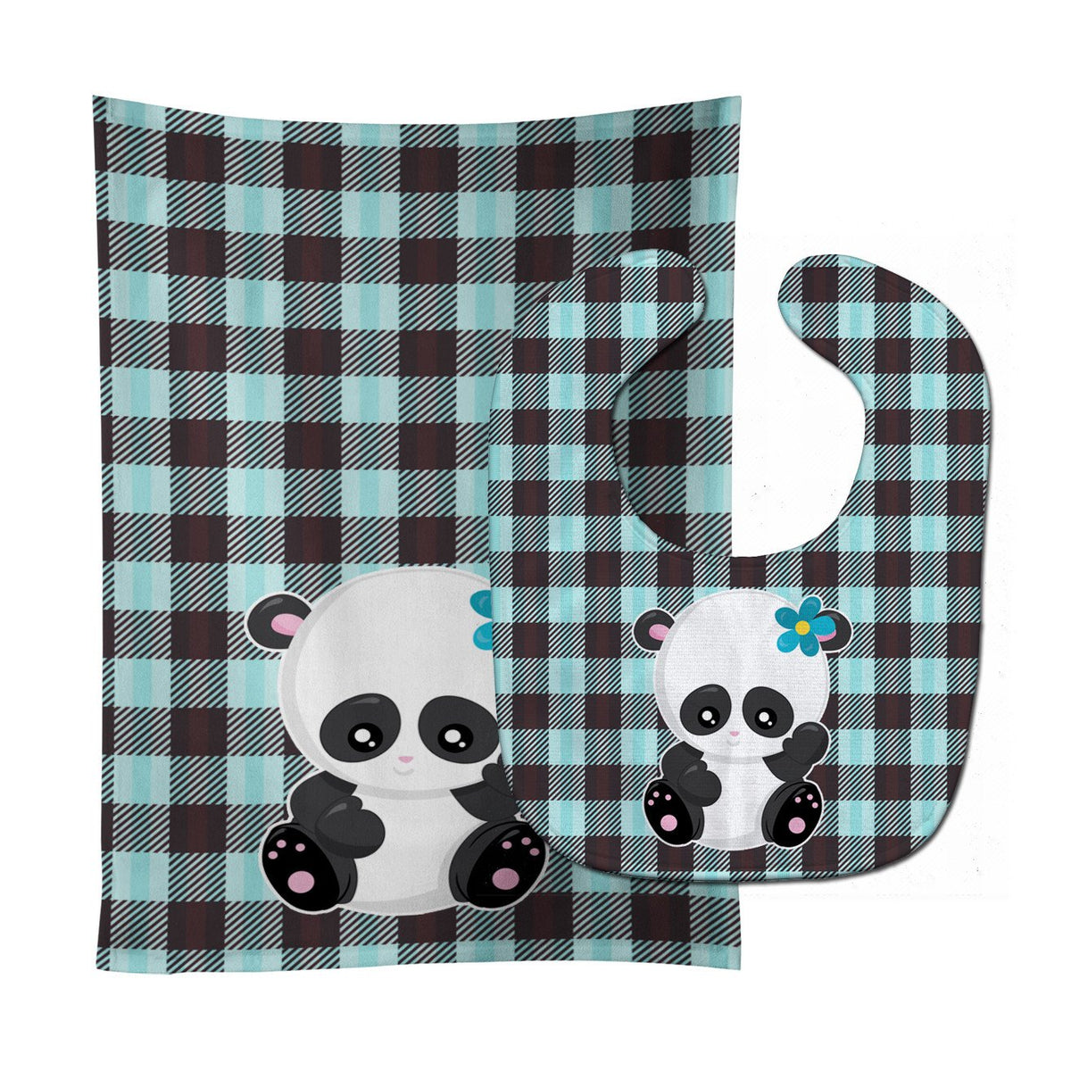 Panda on Plaid Baby Bib &amp; Burp Cloth BB6800STBU by Caroline&#39;s Treasures