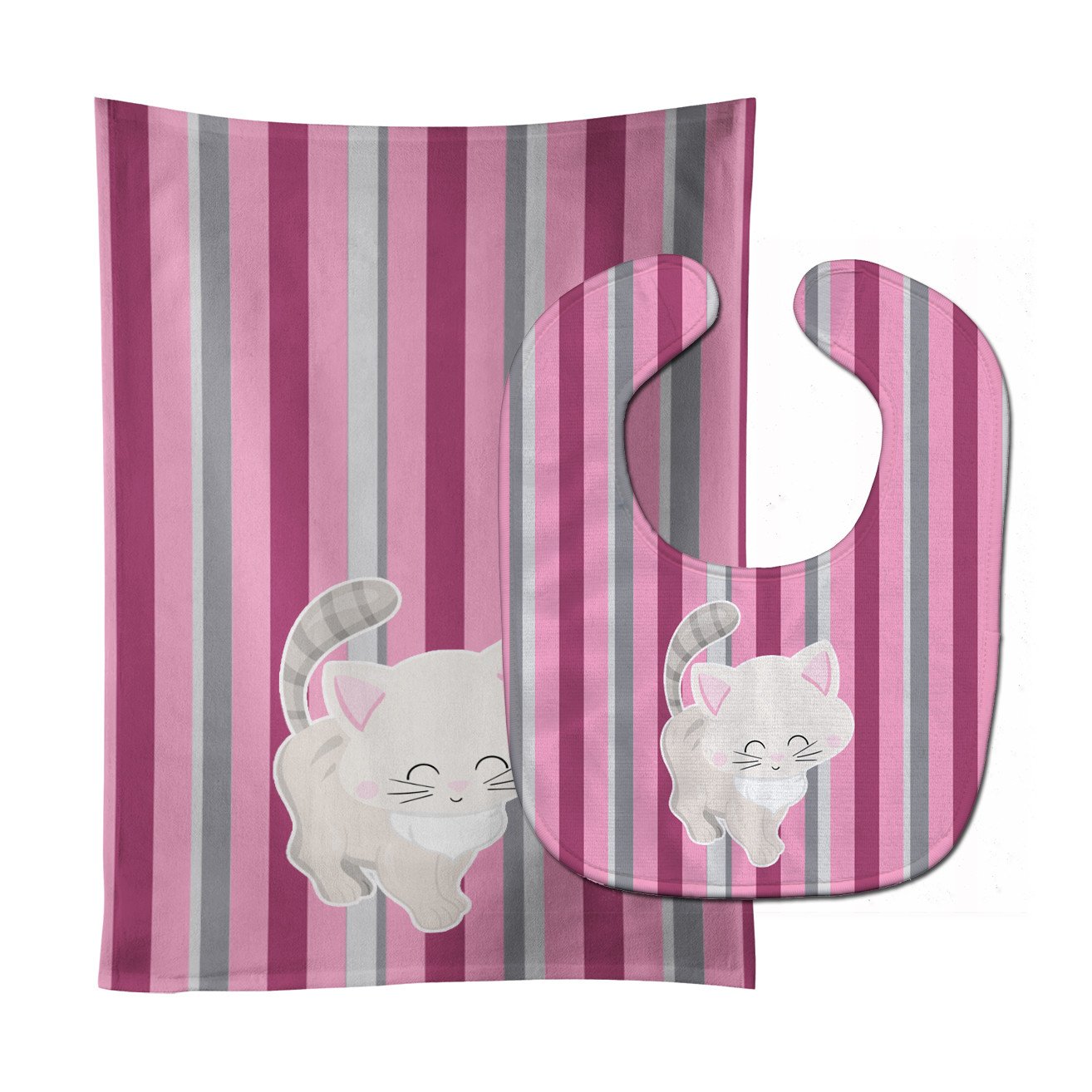 Kitten Cat Pink and Gray Baby Bib & Burp Cloth BB6878STBU by Caroline's Treasures