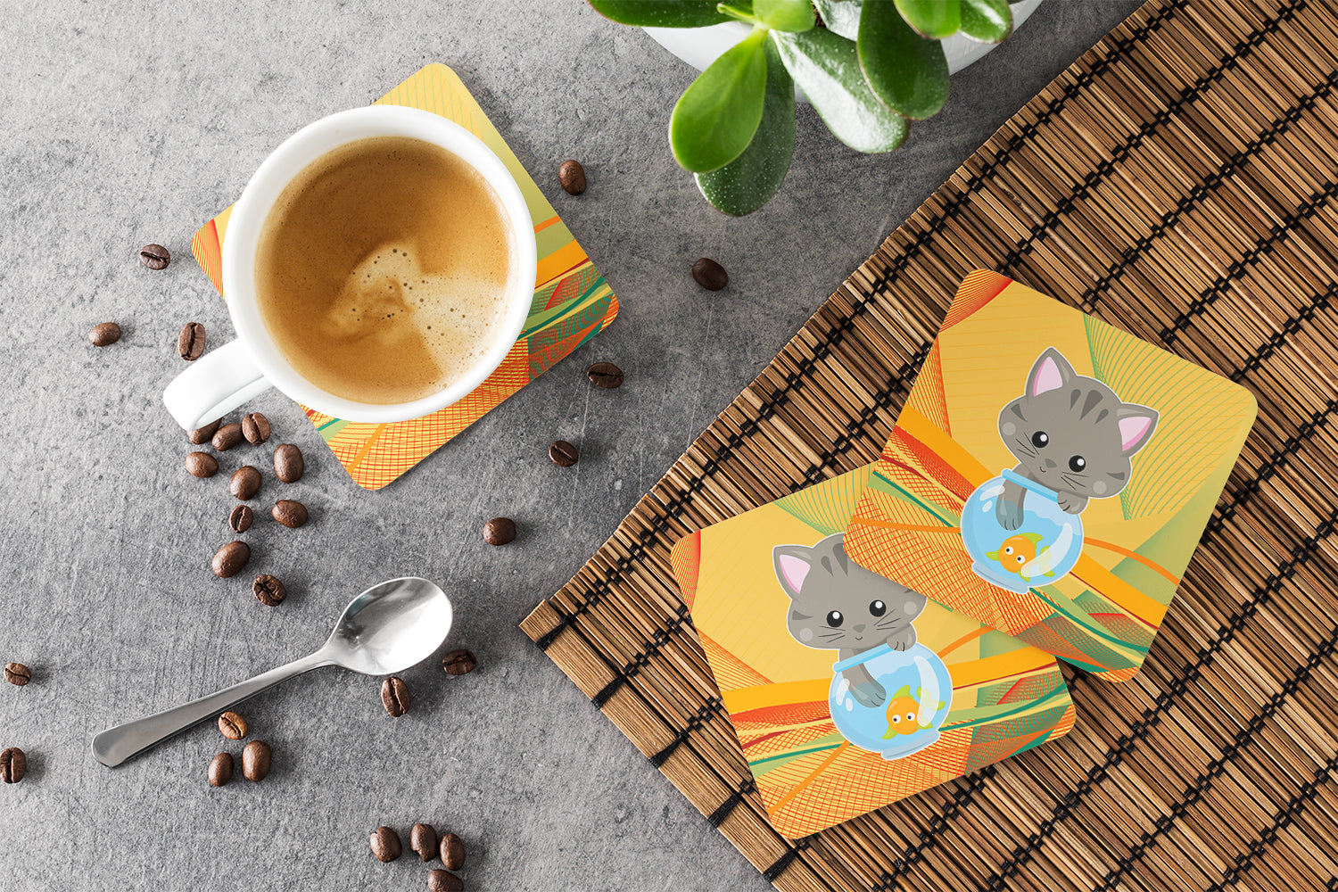 Kitten in the Fish Bowl Foam Coaster Set of 4 BB6879FC - the-store.com