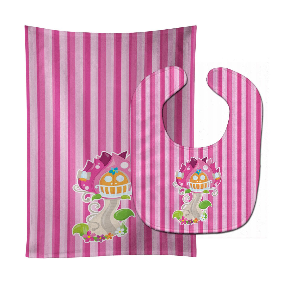 Fairy House Pink Stripes Baby Bib &amp; Burp Cloth BB6907STBU by Caroline&#39;s Treasures