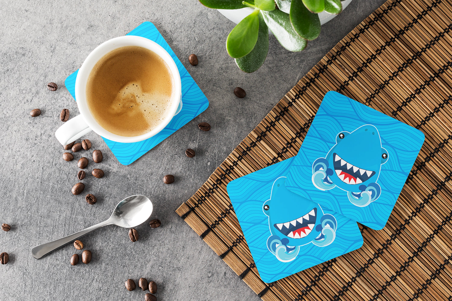 Caroline's Treasures Shark Open Wide in Waves Foam Coaster BB6947FC