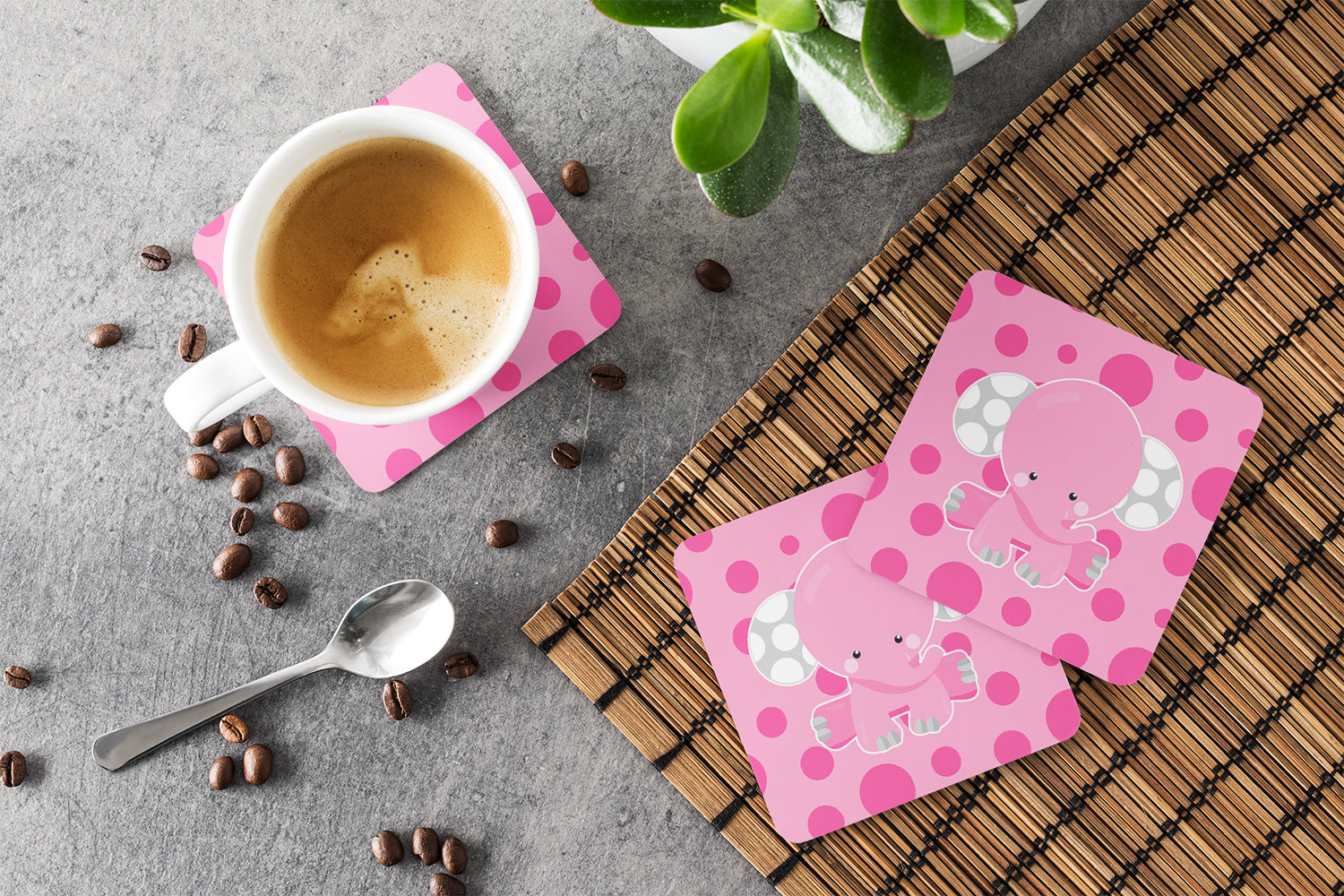 Elephant with Pink Polkadots Foam Coaster Set of 4 BB6949FC - the-store.com