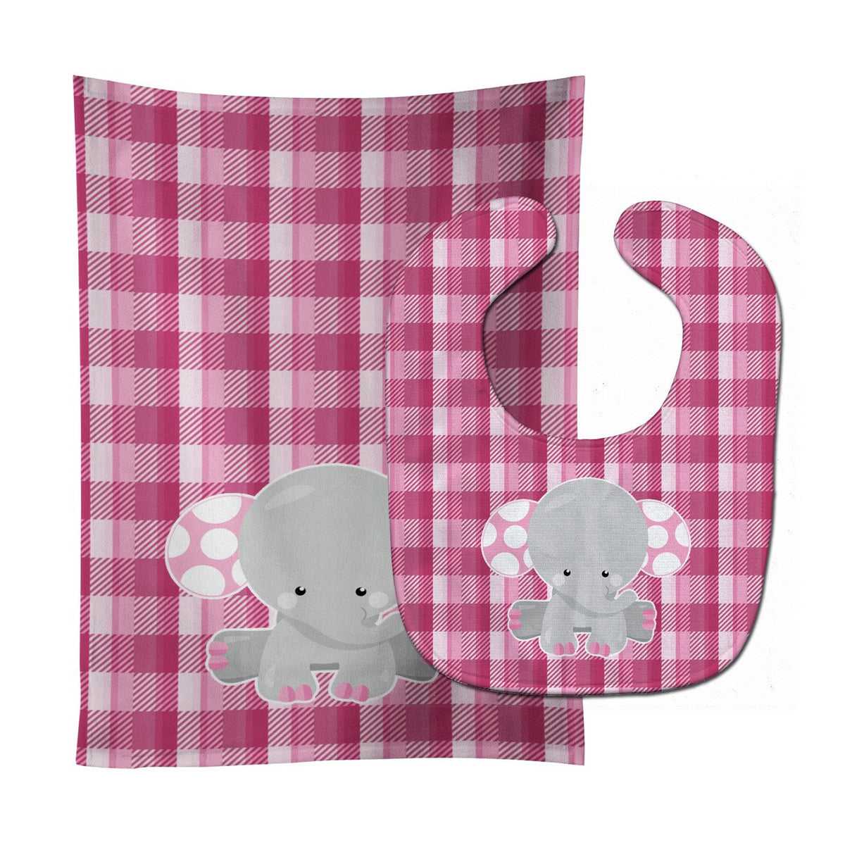 Elephant Pink Gingham Baby Bib &amp; Burp Cloth BB6952STBU by Caroline&#39;s Treasures