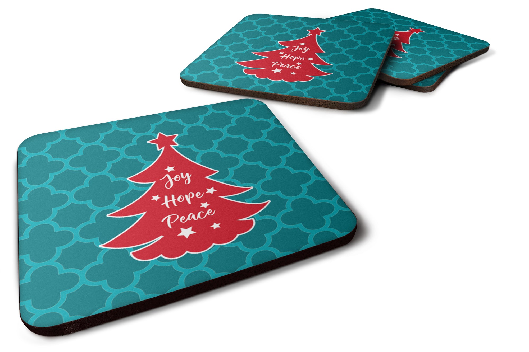 Christmas Tree Teal Red Foam Coaster Set of 4 BB6970FC - the-store.com