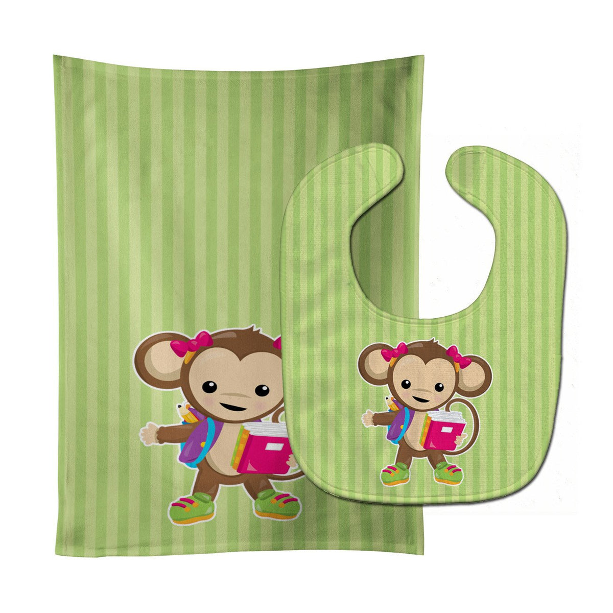 Monkey Going to School Baby Bib &amp; Burp Cloth BB7016STBU by Caroline&#39;s Treasures