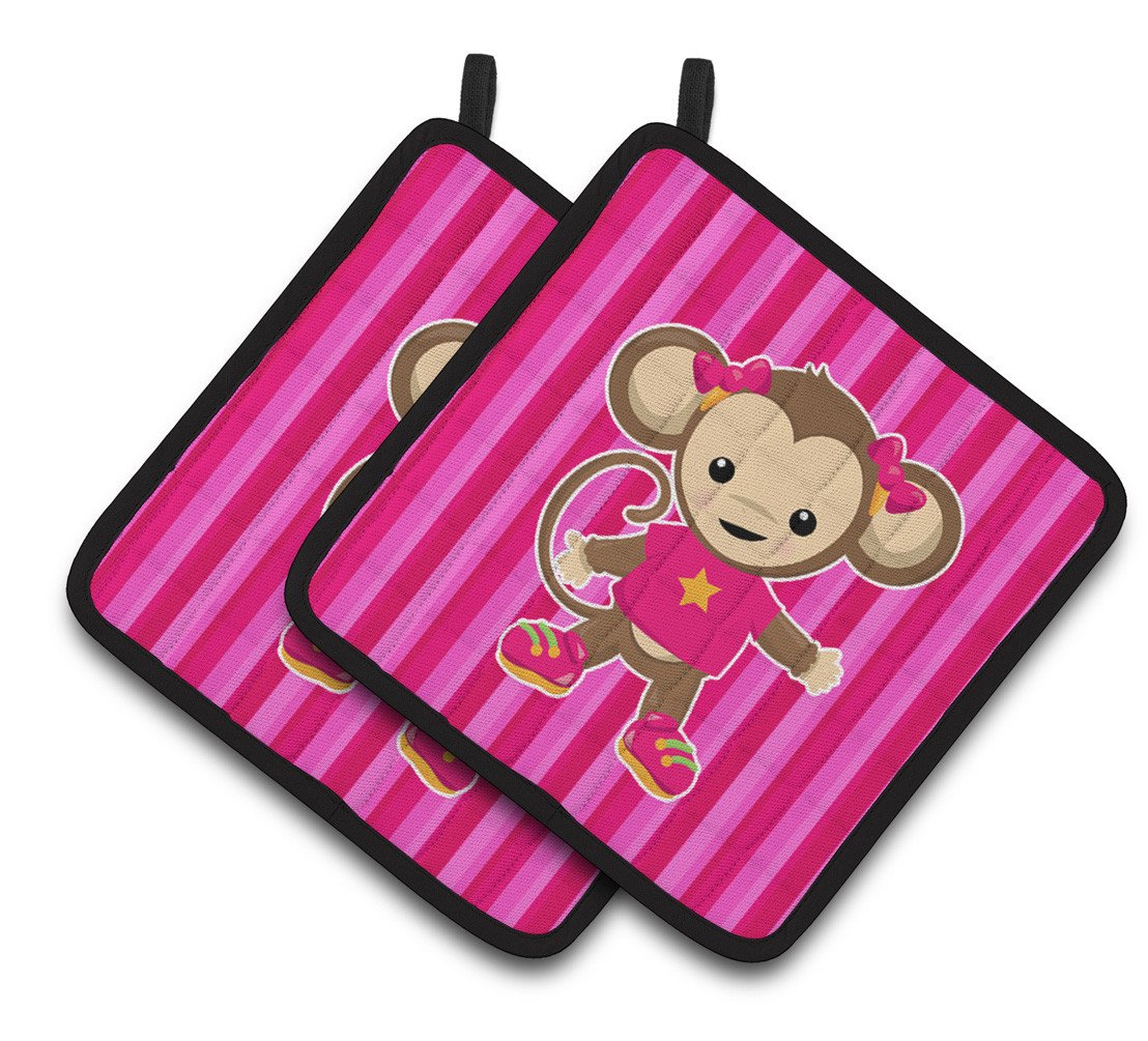 Monkey on Pink Stripes Pair of Pot Holders BB7020PTHD by Caroline&#39;s Treasures