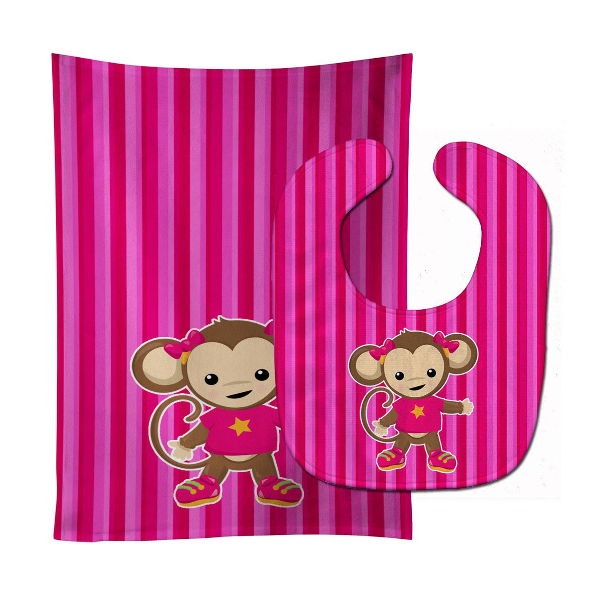 Monkey on Pink Stripes Baby Bib &amp; Burp Cloth BB7020STBU by Caroline&#39;s Treasures