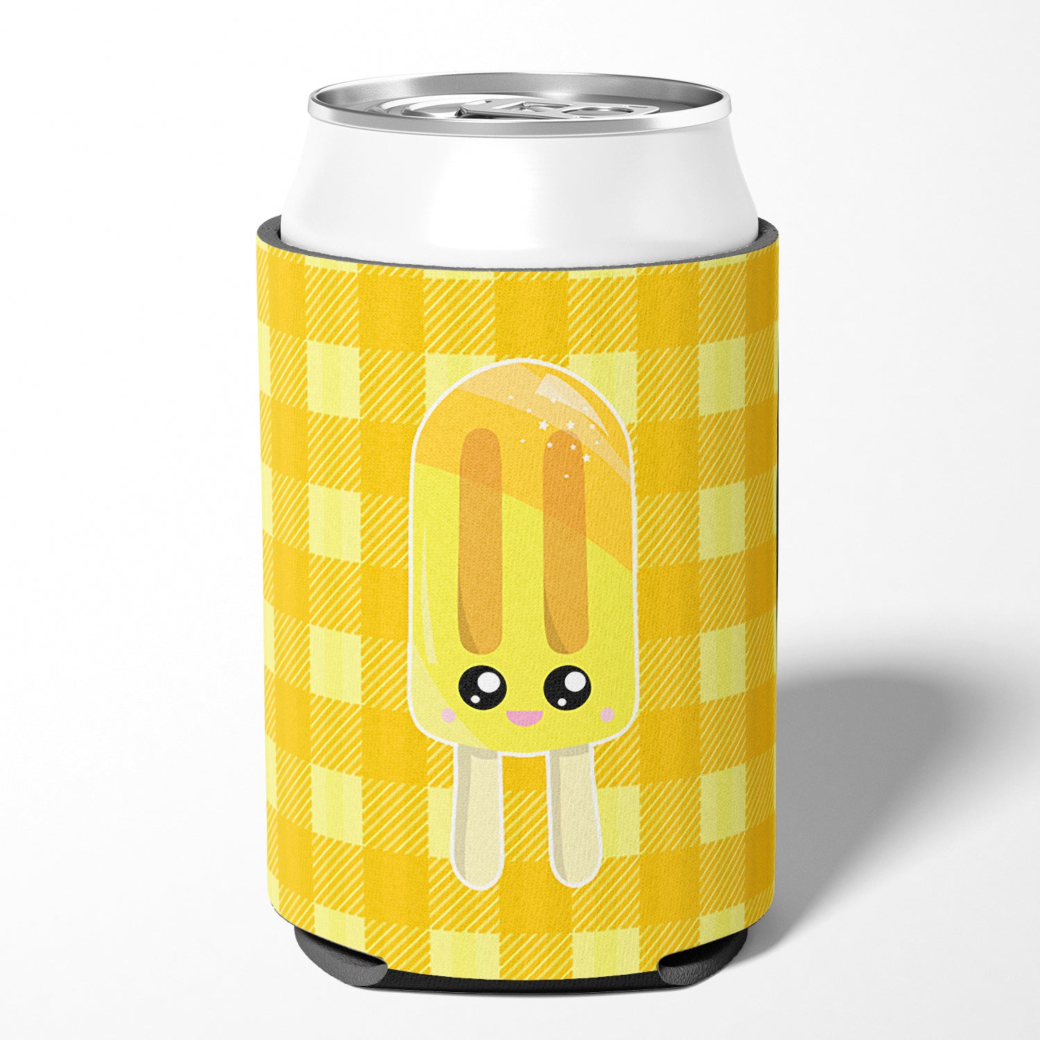 Ice Pop Popsicle Face Gingham Yellow Can or Bottle Hugger BB7069CC