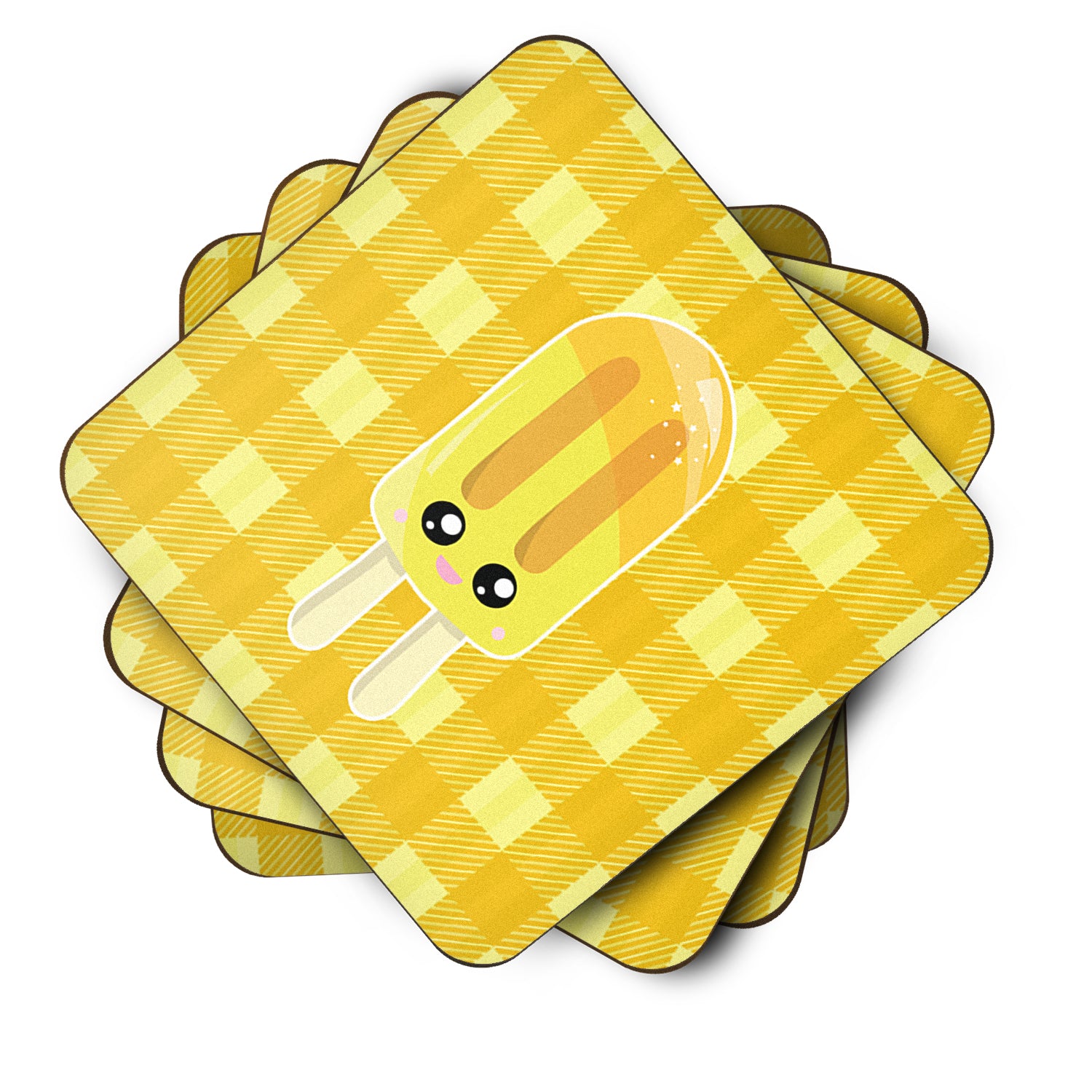 Ice Pop Popsicle Face Gingham Yellow Foam Coaster Set of 4 BB7069FC - the-store.com