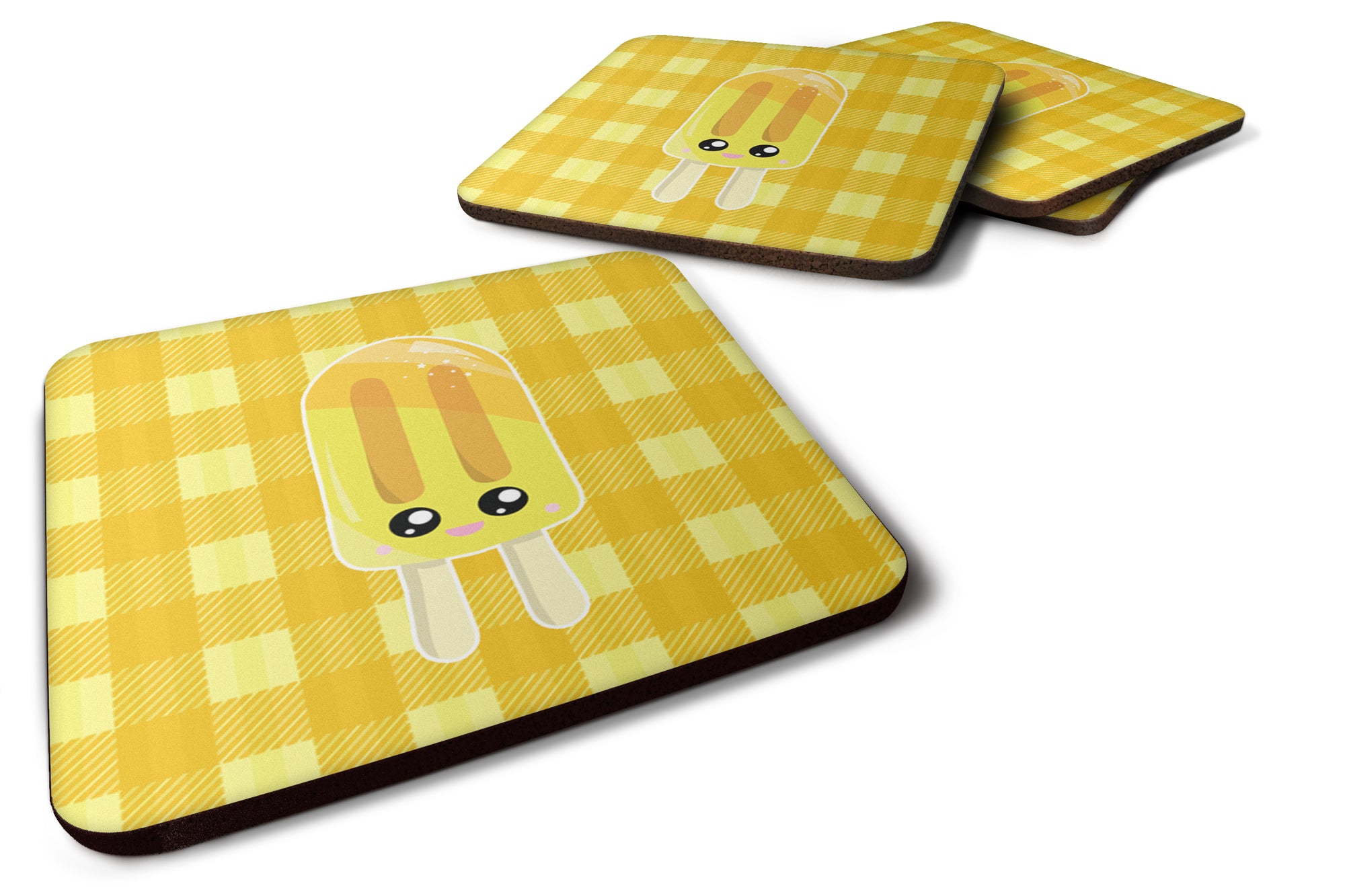 Ice Pop Popsicle Face Gingham Yellow Foam Coaster Set of 4 BB7069FC - the-store.com