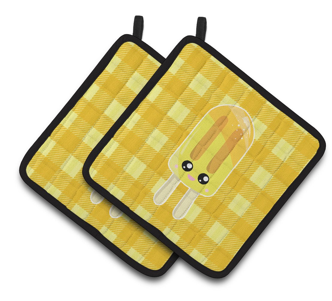 Ice Pop Popsicle Face Gingham Yellow Pair of Pot Holders BB7069PTHD by Caroline&#39;s Treasures