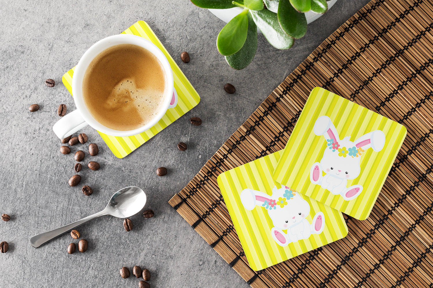 Easter White Rabbit with Flowers Foam Coaster Set of 4 BB7093FC - the-store.com