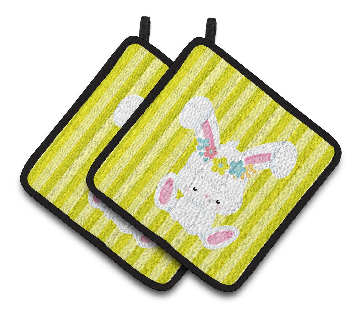 Easter White Rabbit with Flowers Pair of Pot Holders BB7093PTHD by Caroline&#39;s Treasures